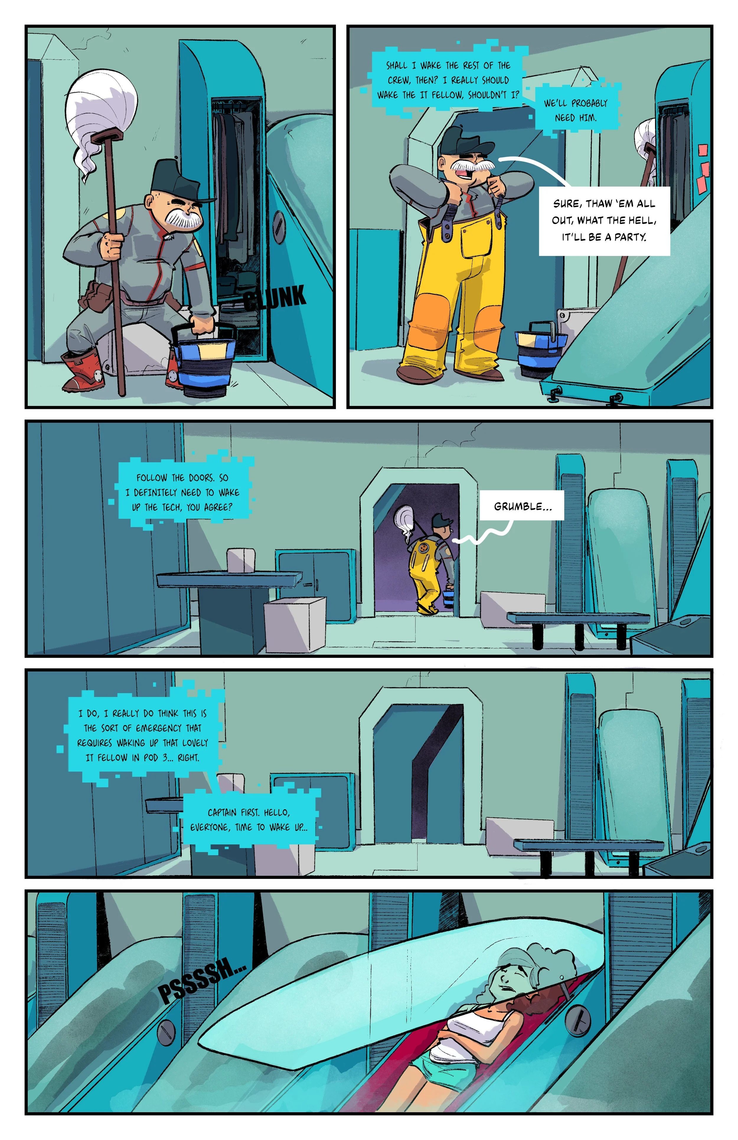 A comic strip depicting a person in a space suit waking up another person in a pod, with dialogue about waking up the crew and following doors.