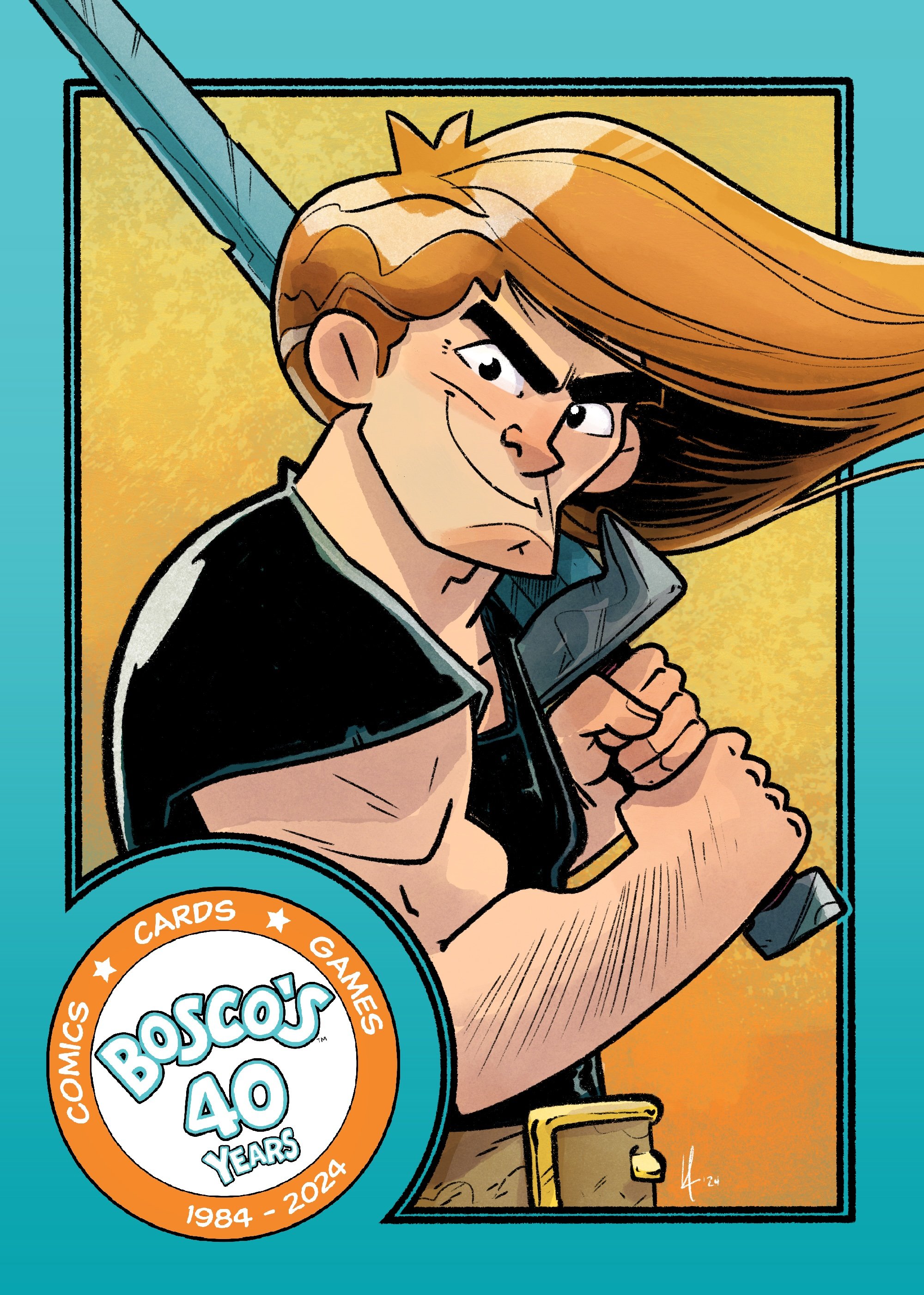 Illustration of a muscular man with long hair holding a sword, wearing a black shirt and a belt, with a badge celebrating 40 years of Boscov's comics, cards, and games in 2024.