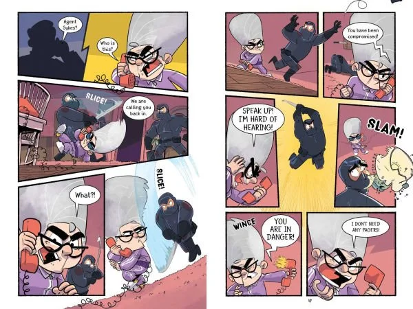 Comic strip showing an agent being called back, chased by masked burglars, and they exchange insults with playful fighting scenes. One burglar warns another about danger while the agent confidently declares they don't need any papers.