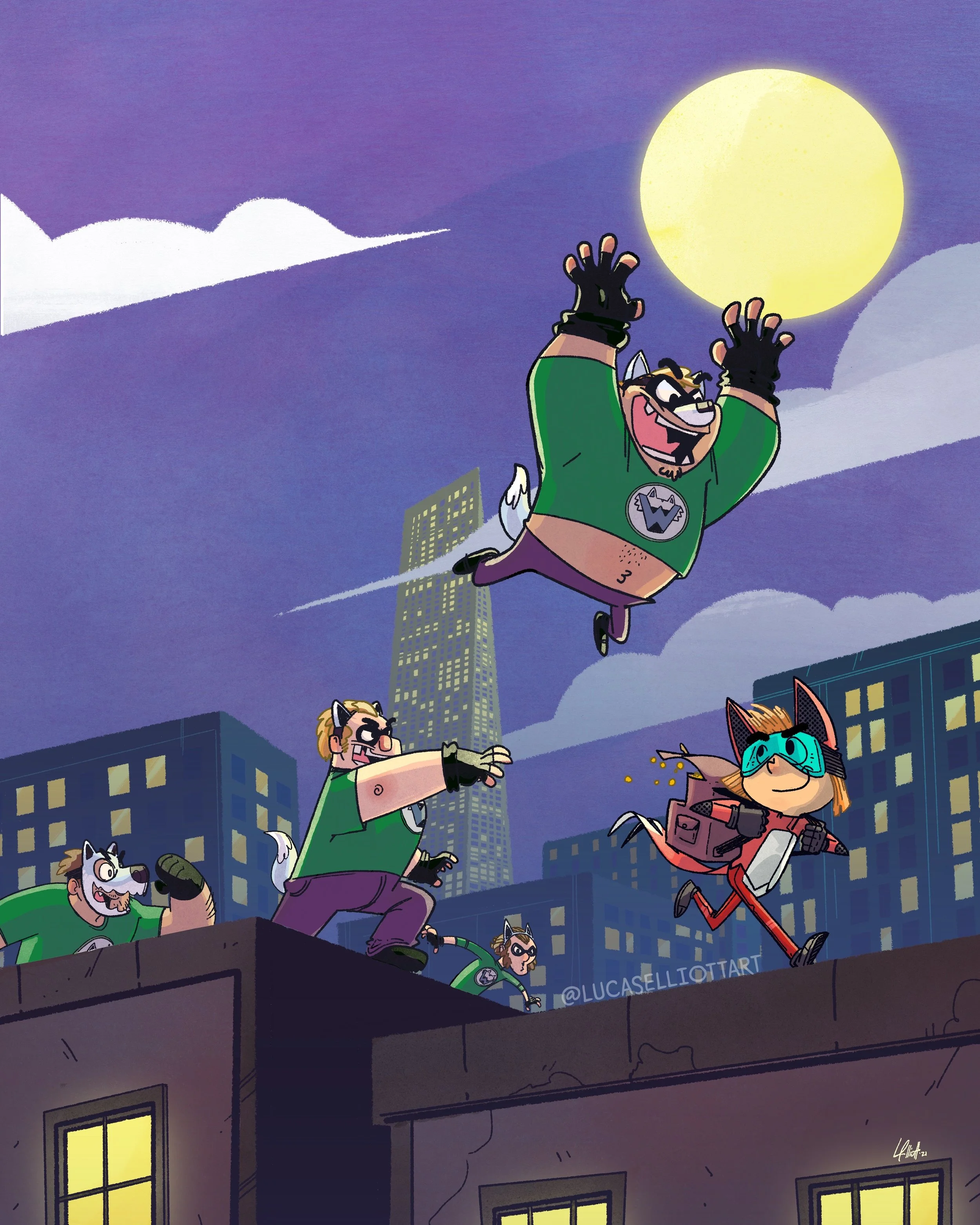 Cartoon cats dressed as superheroes running on rooftops in a city at night with a large full moon in the sky.