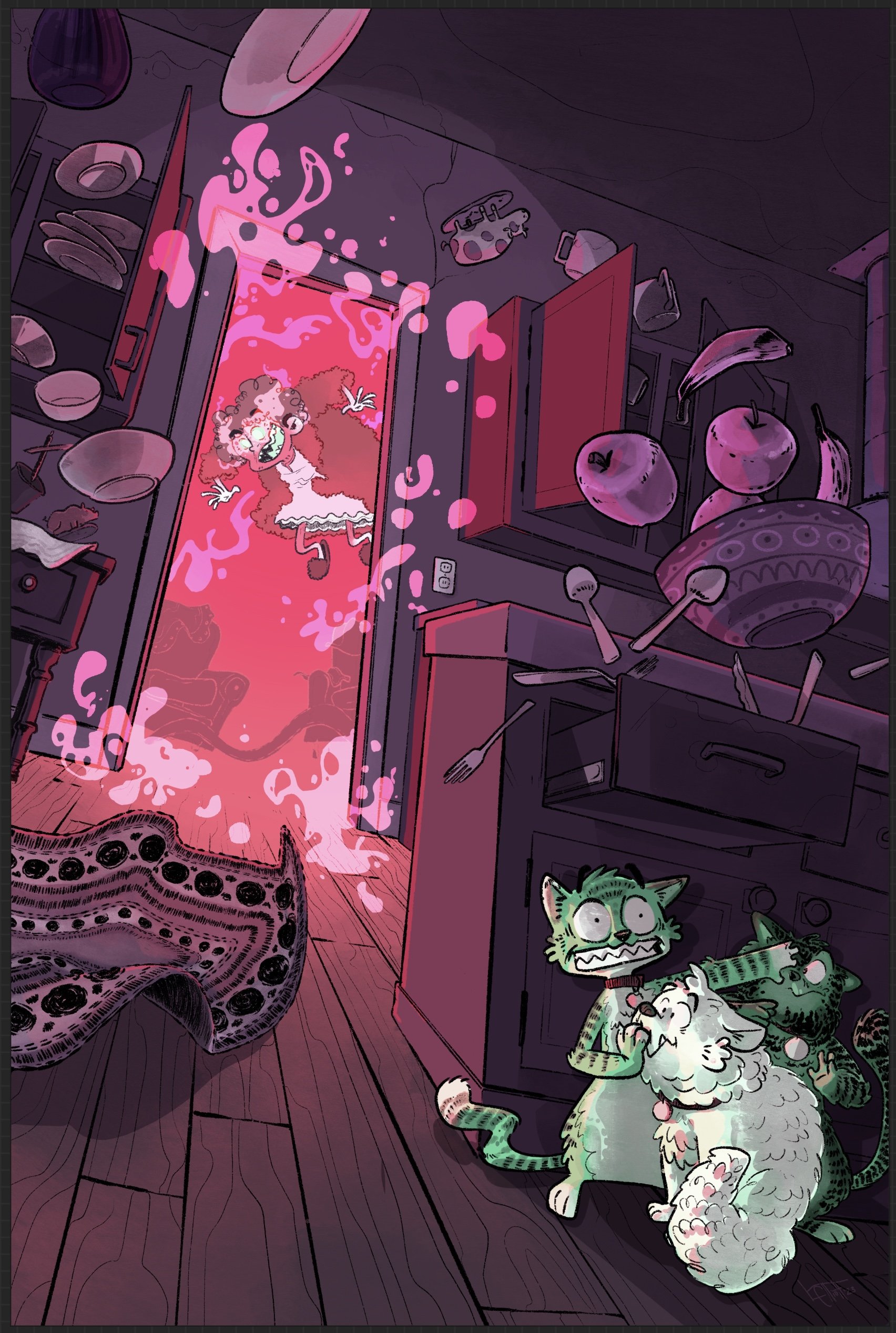 A cartoon of a chaotic kitchen with dishes flying, broken tablecloth, and a girl with pink energy emerging from the doorway, while three cats and a fluffy white dog look frightened at the bottom right.