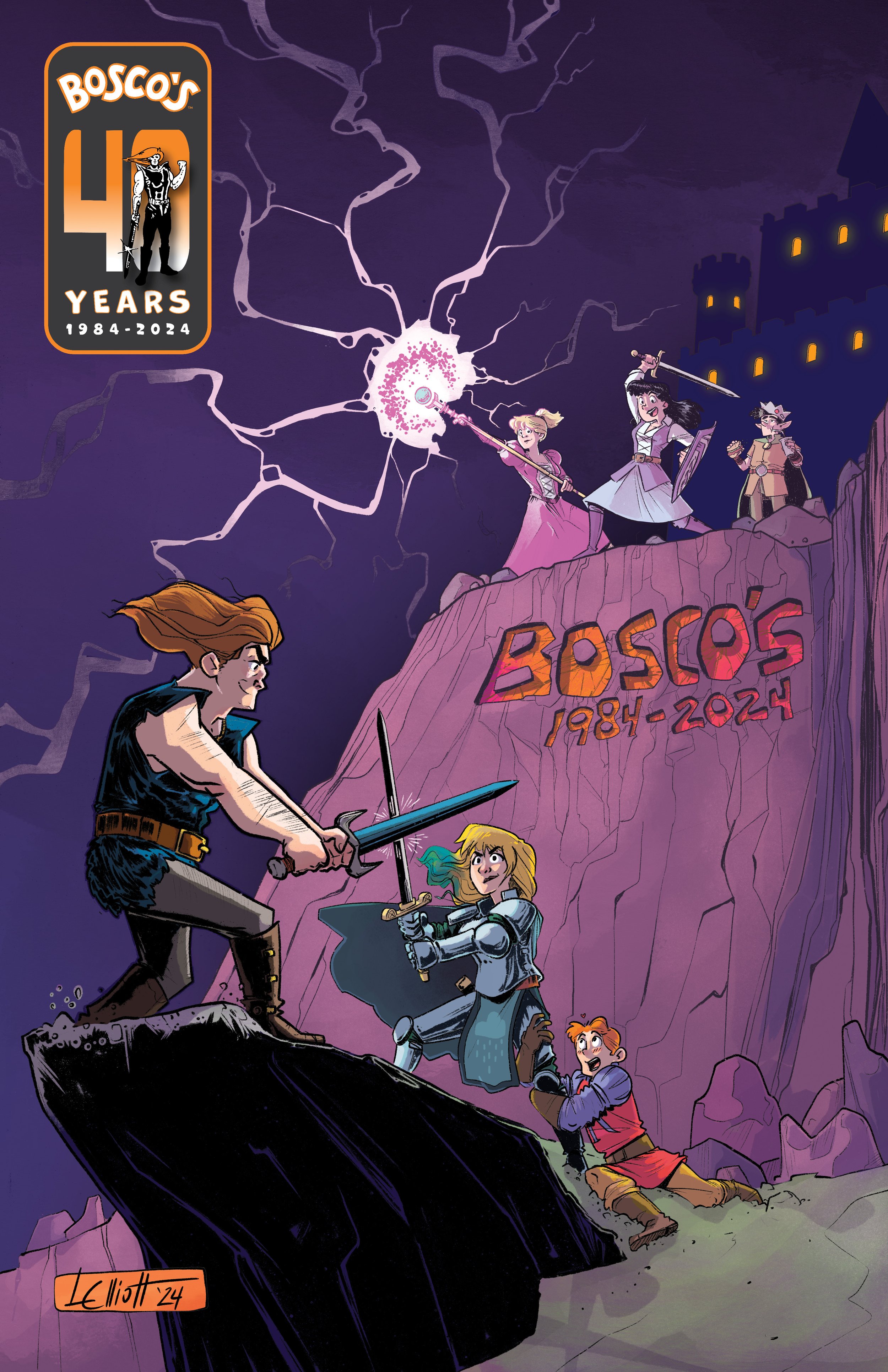An illustration celebrating Bosco's 40 years (1984-2024), depicting characters in a fantasy setting with a dark sky, castle, and lightning. Three characters are fighting with swords, while others stand on a rocky cliff with the inscription "BOSCO'S 1984-2024".