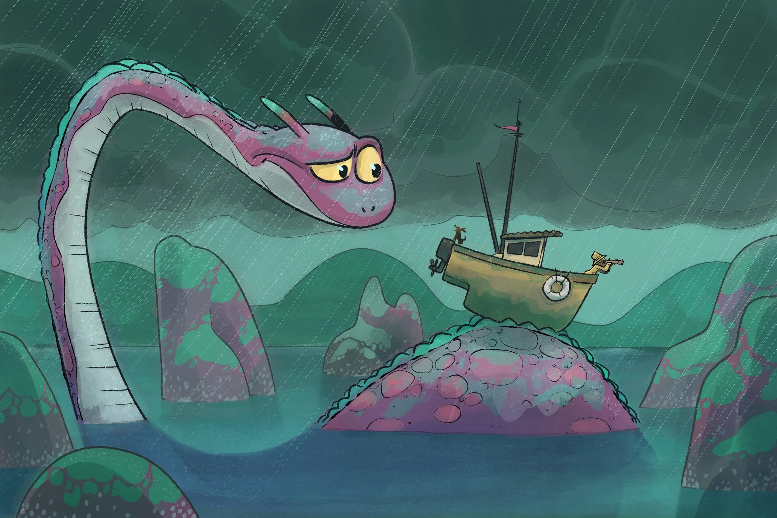 A cartoon sea serpent with a sad expression looking at a small boat during a storm with dark clouds and rain.
