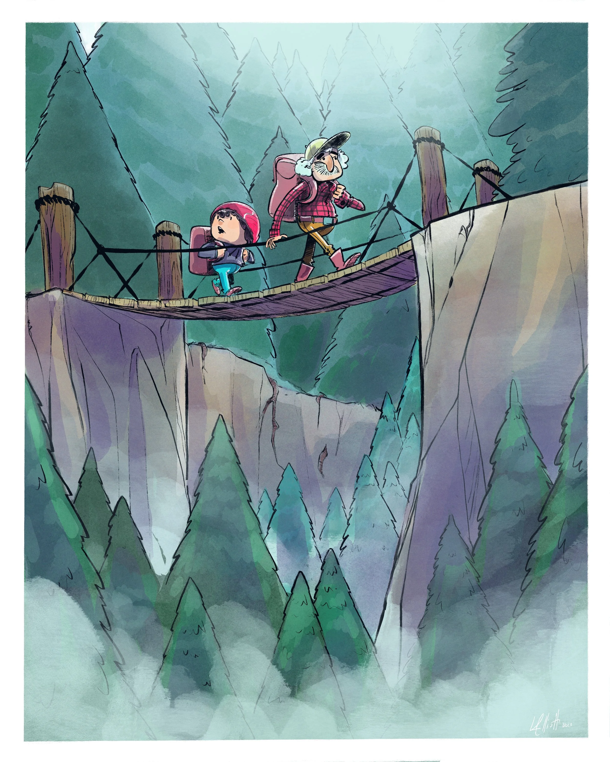 Two hikers, a man and a girl, walking on a wooden suspension bridge high above a forested canyon. The man is wearing a backpack, hat, and hiking gear, while the girl is also wearing a backpack and helmet.