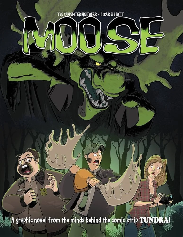 A comic book cover titled 'Mouse' by The Carpenter Brothers and Lucas Elliott, featuring a giant green mouse with sharp teeth and glowing eyes looming in a dark forest, while three humans below are frightened by a mysterious creature with large claws.