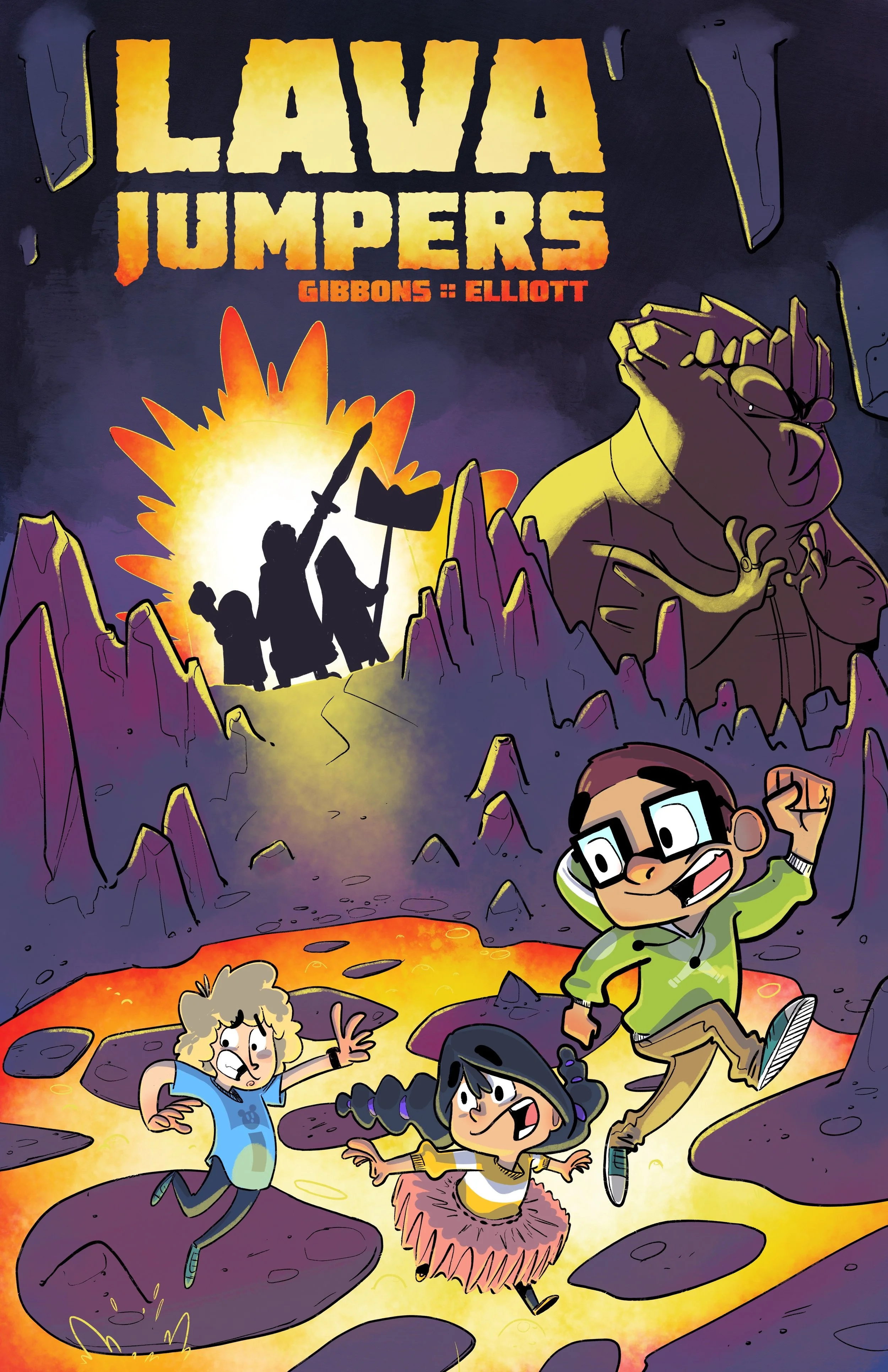 Children running excitedly over volcanic rocks with lava, in front of a large frog statue and a silhouette of revolutionaries holding a flag, with the title 'Lava Jumpers' and the names Gibbons and Elliott at the top.