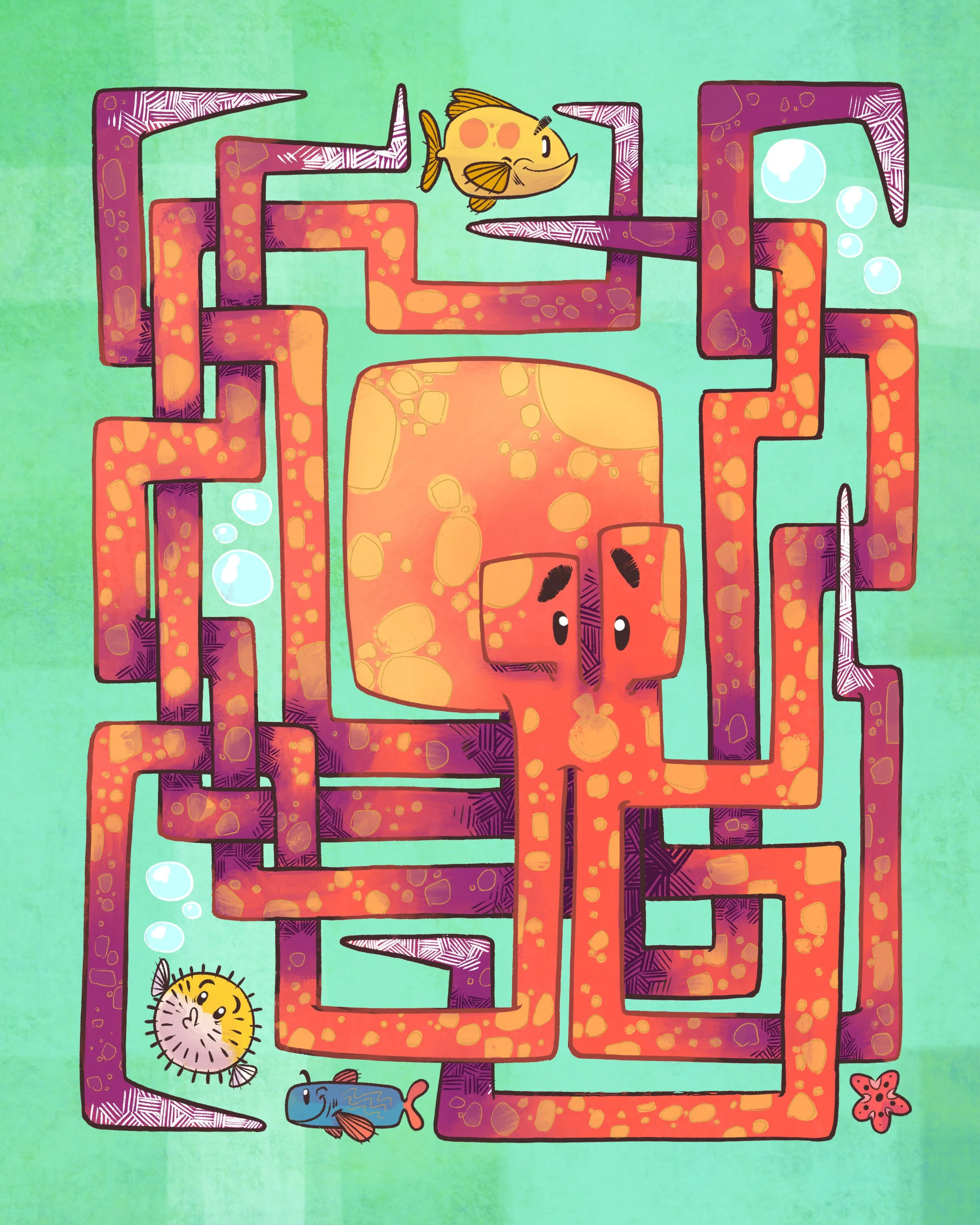 Colorful maze with cartoon sea creatures, including a yellow fish at the top, a spiky pufferfish at the bottom left, a blue fish at the bottom center, and a starfish at the bottom right, on a green background.