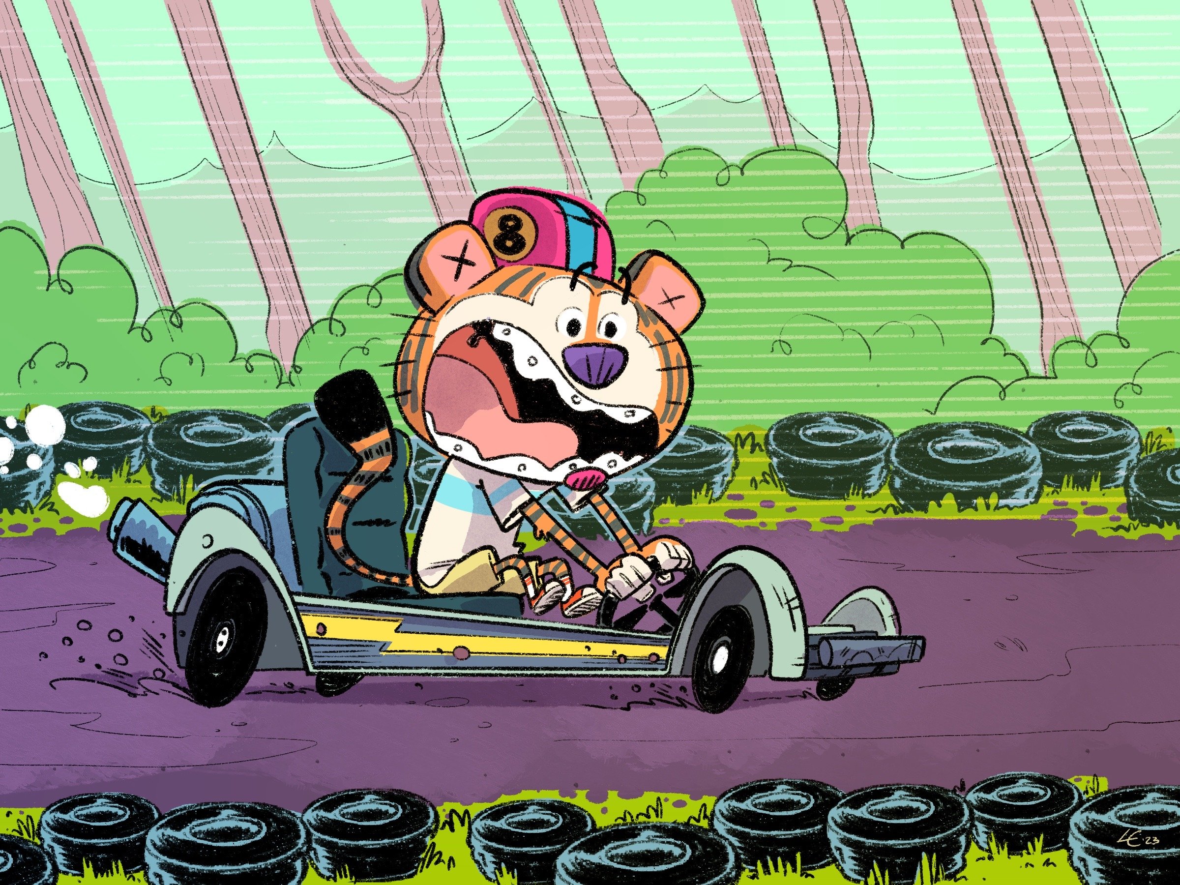 Cartoon tiger character driving a car on a dirt road in a forest with tire tracks and green bushes.