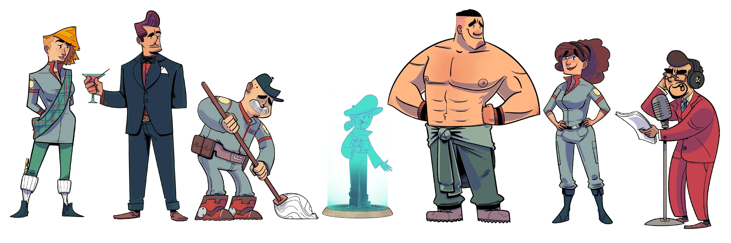 Group of animated characters standing in a row, each with unique clothing and accessories, including a woman in a sporty outfit, a man in a tuxedo, a construction worker, a holographic figure, a muscular man, a woman with curly hair, and a man in a red suit with headphones, reading from a paper.