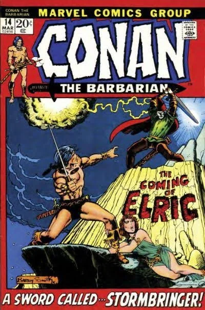 Comic book cover for 'Conan the Barbarian' issue from Marvel Comics Group, dated March 1974. Illustrates Conan wielding a sword, battling a large armored figure with a sword and shield at a rocky, stormy landscape. Title text reads 'The Coming of Elric' and tagline 'A Sword Called Stormbringer!'