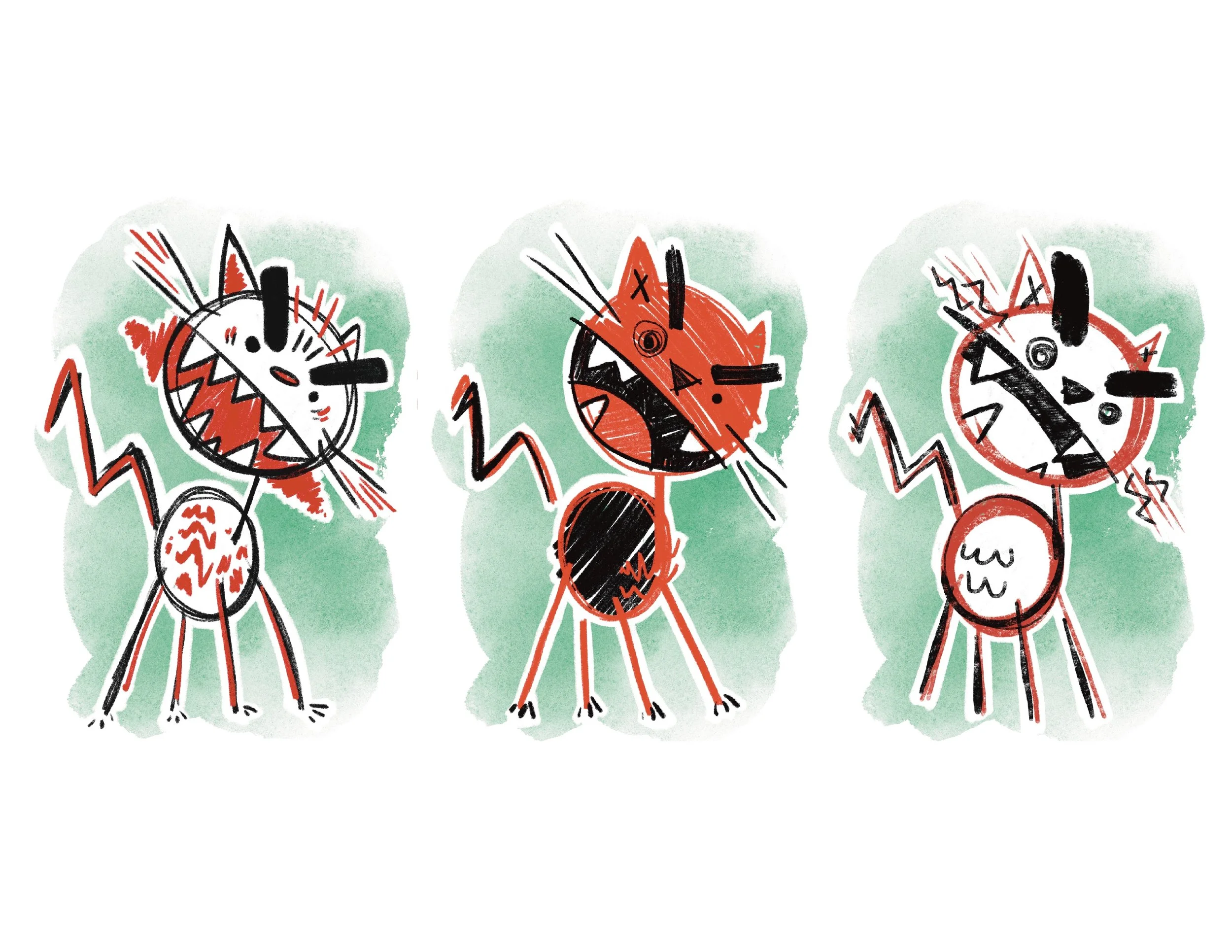 Three cartoonish, angry-looking cats with exaggerated facial expressions, sharp teeth, and zigzag lines, set against a green background.