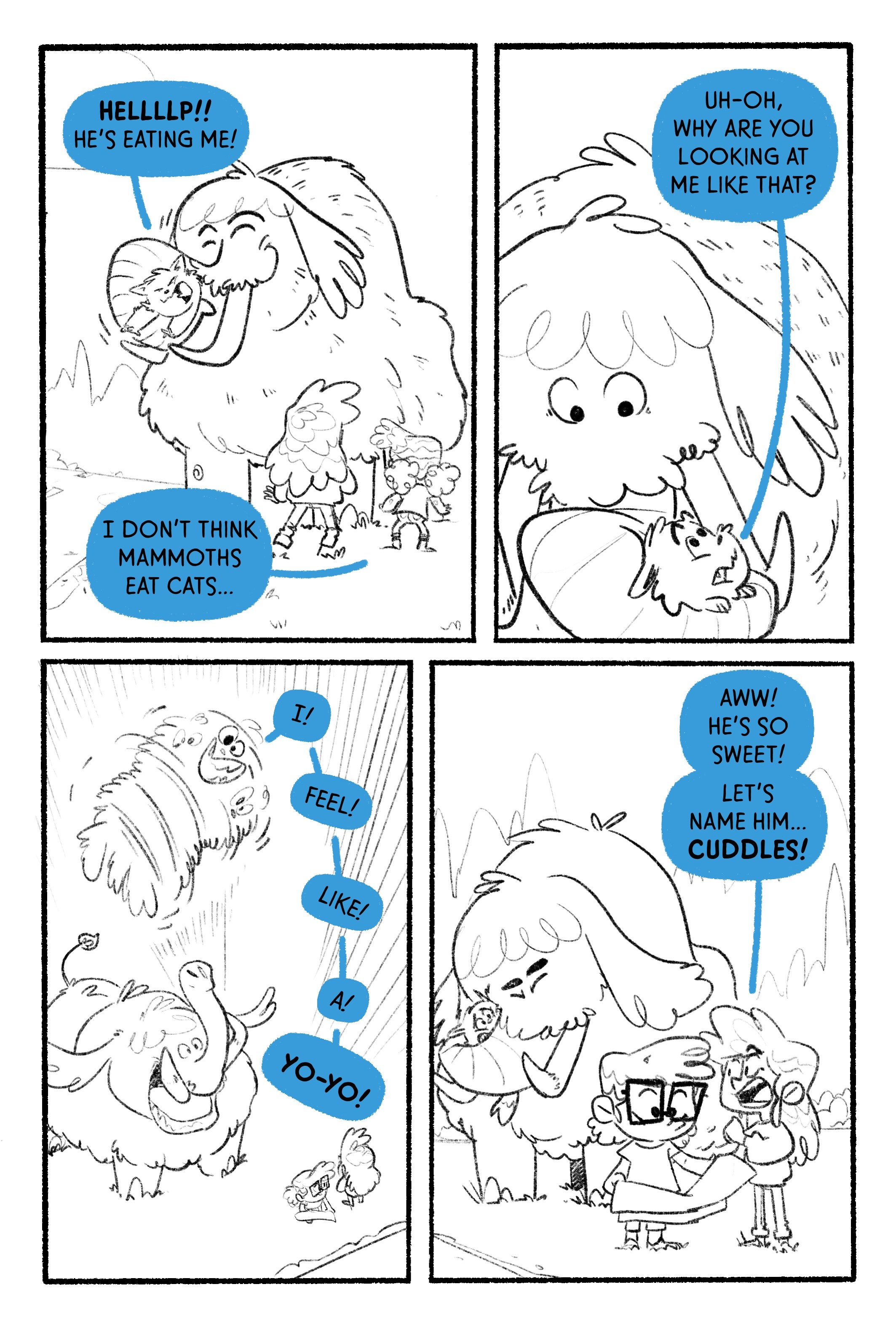 A comic strip showing two children and a large mammoth. The mammoth appears to be eating a smaller creature, possibly a cat. The children comment on how cute the mammoth is and consider naming it 'Cuddles'.