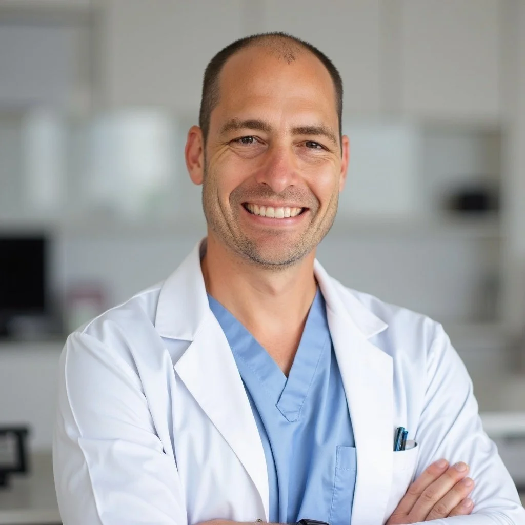 A smiling male doctor with short hair, wearing a white coat and blue scrubs, standing in a medical facility.
