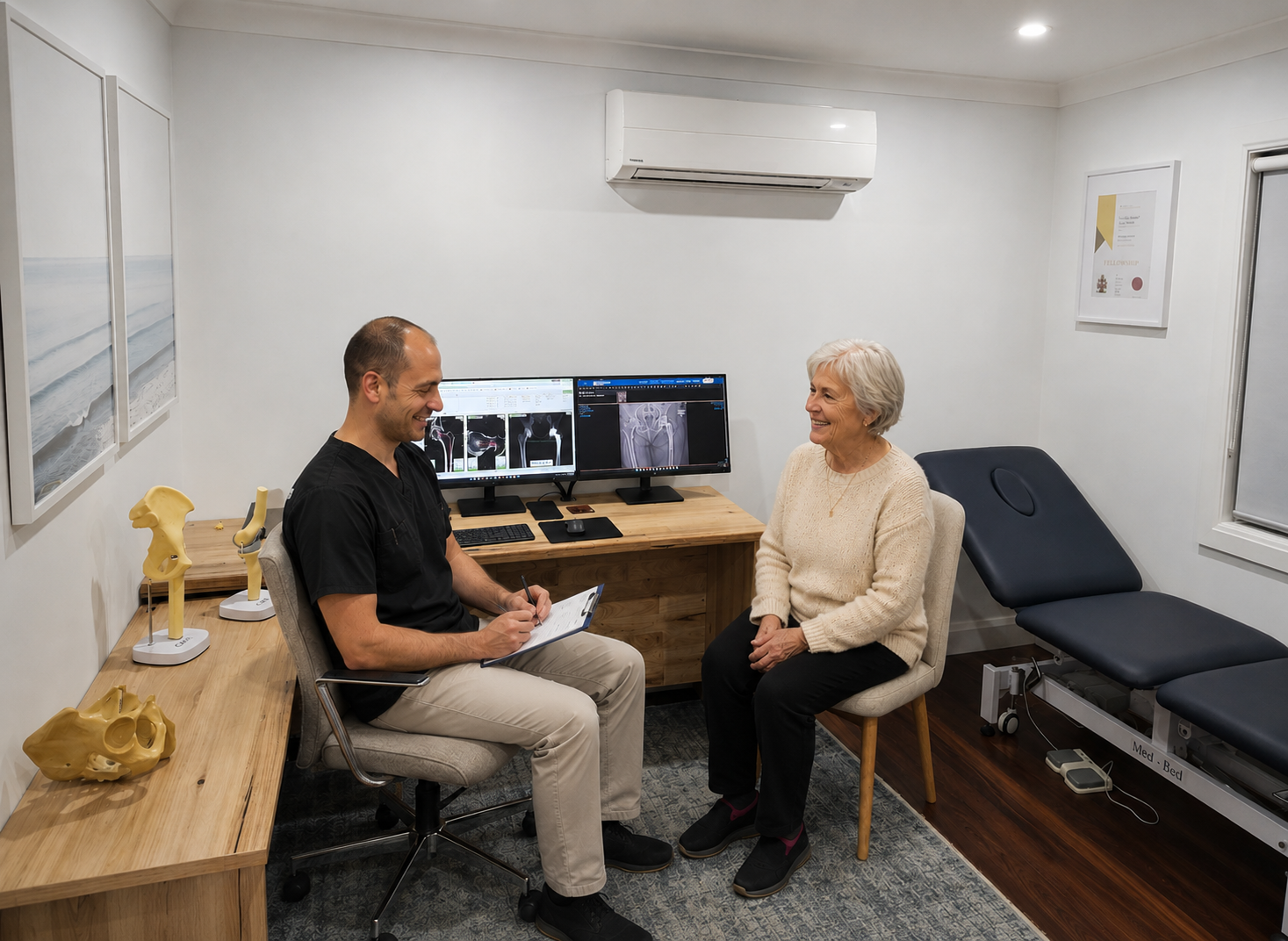 Doctor and elderly woman talking in a medical office. The doctor is taking notes, and two computer monitors display medical images. Medical models of bones are on the desk.