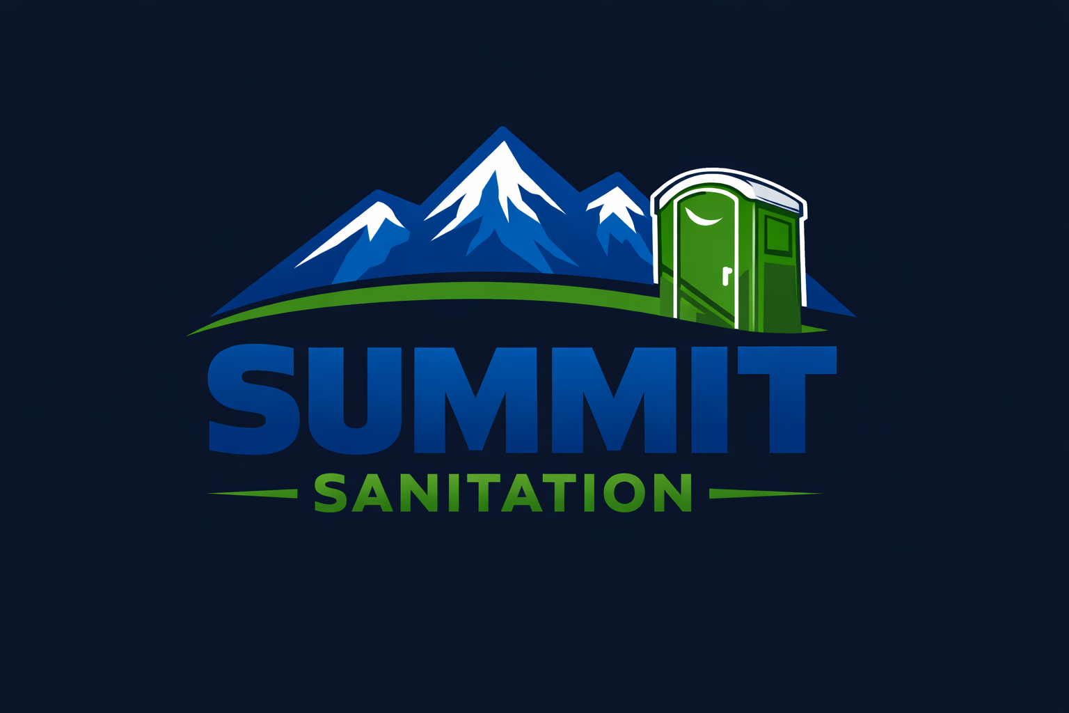 A logo with a dark background featuring a mountain range with snow-capped peaks, a green portable toilet, and the words 'Summit Sanitation' in bold blue and green letters.