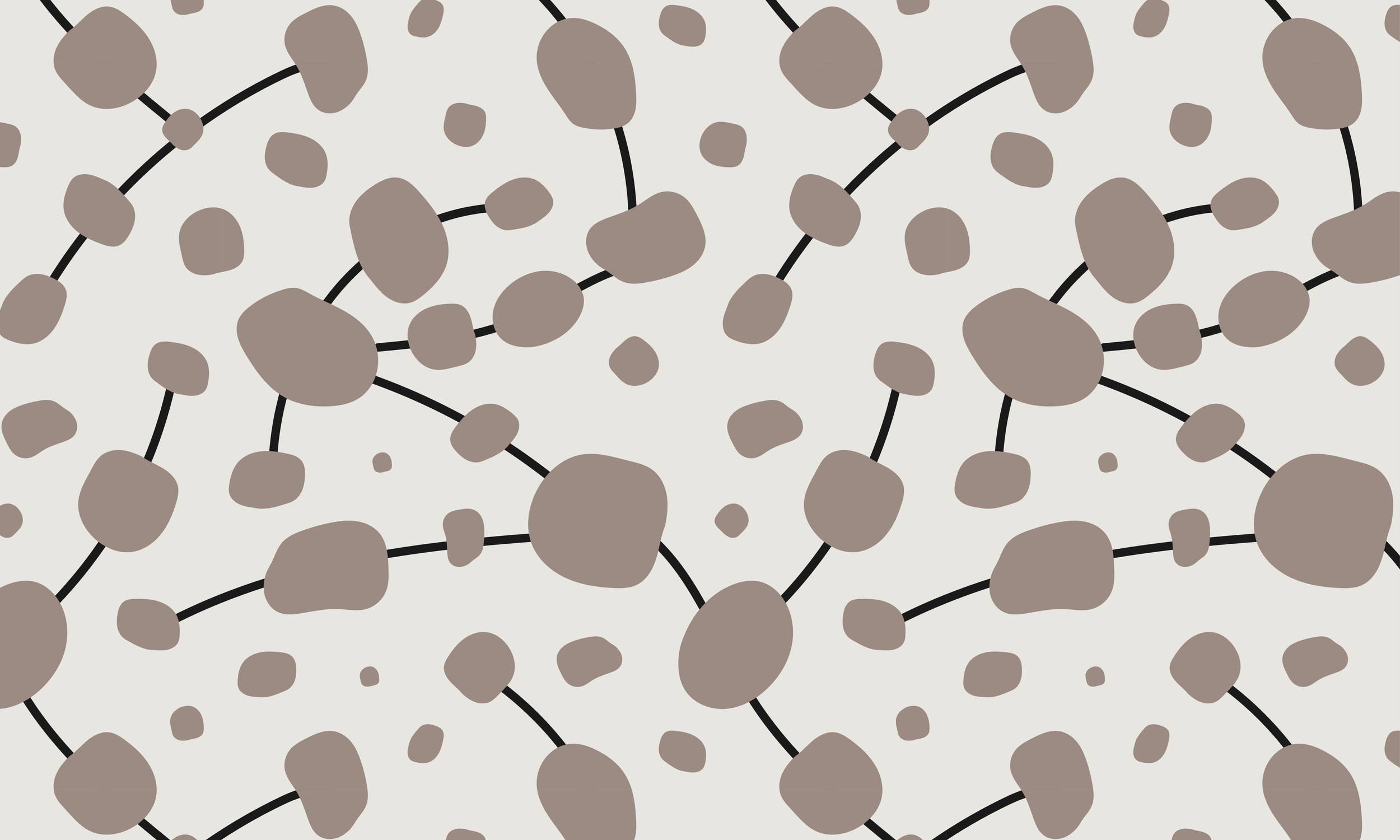 Graphic seamless illustration of abstract brown organic shapes connected by charcoal lines on a cream background.