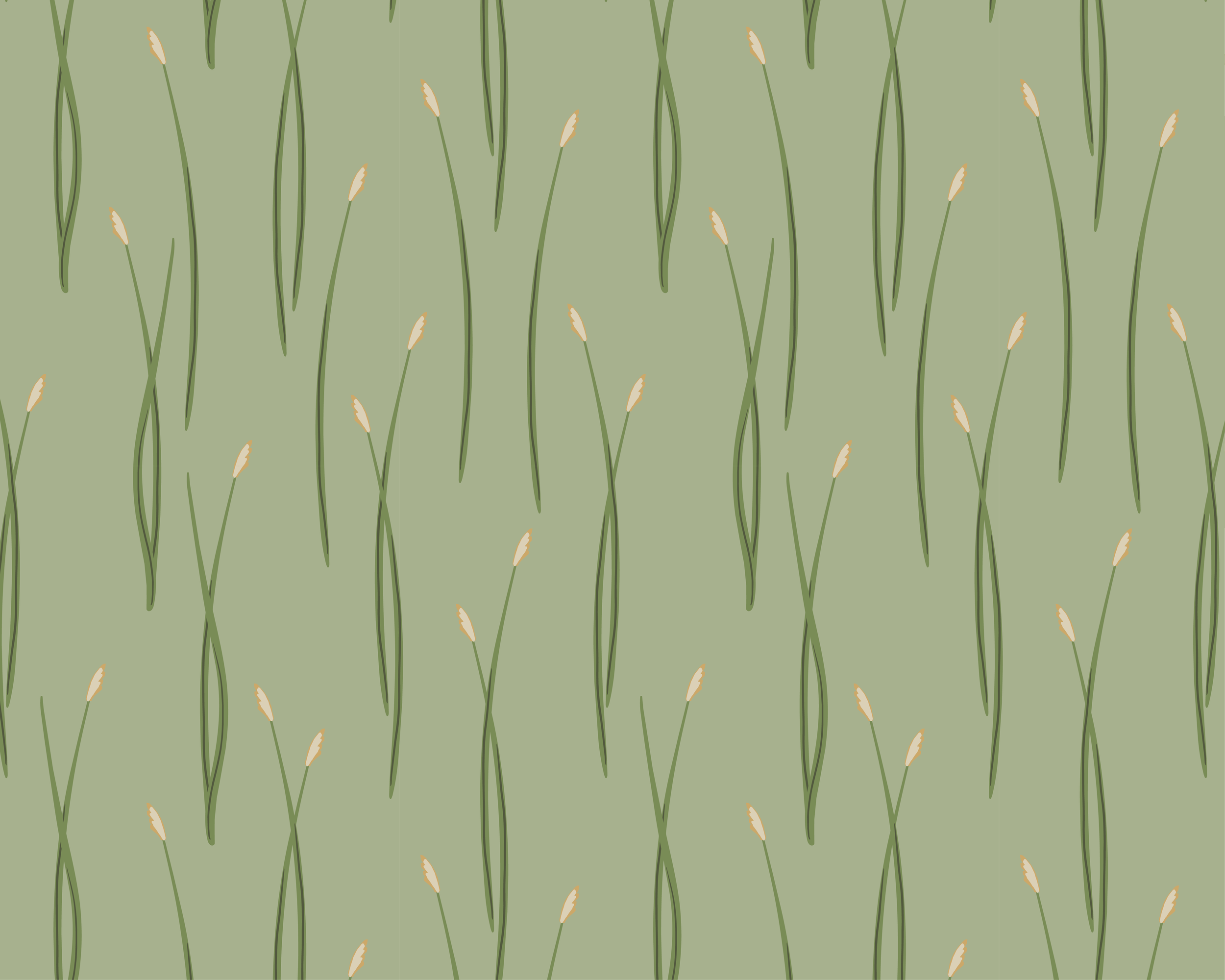 Pattern of tall green grass reed stems with small beige flower buds on a light green background.