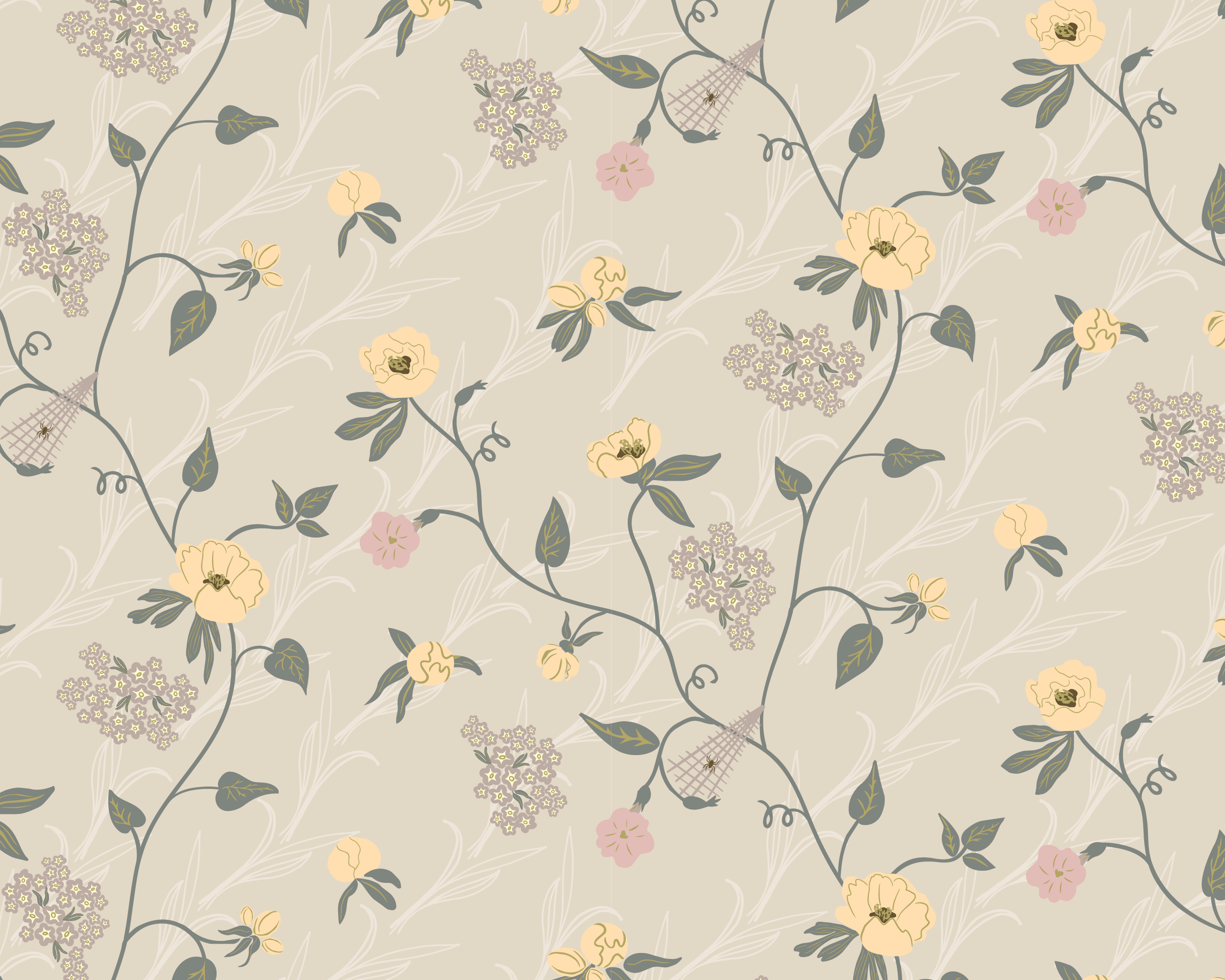 A seamless floral pattern with light pink, yellow, and dusty purple flowers, dark green leafy trailing vines, and light flowing grasses on a beige background, with small hidden spider and web details.