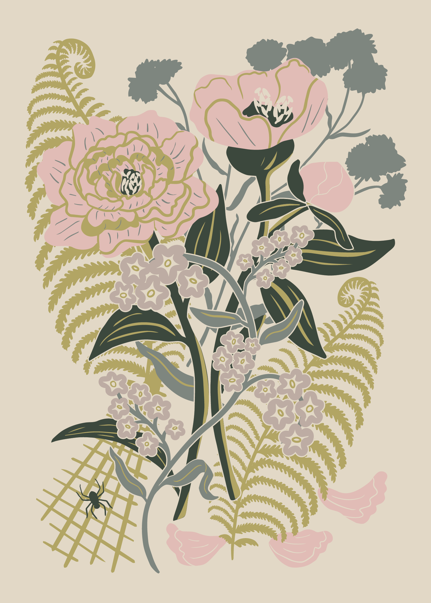 Illustration of pink flowers, green leaves, fern fronds, a spider in a web, with a beige background.