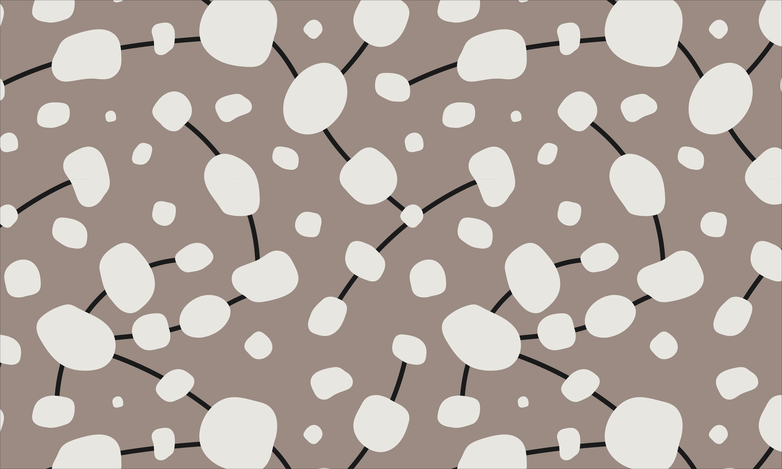 Abstract repeat pattern with organic cream shapes connected by black lines on a taupe background.