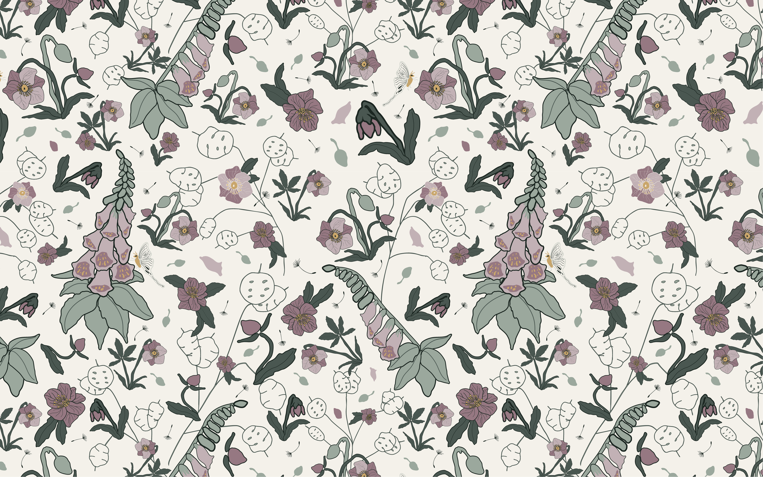 A seamless floral pattern with various purple and green flowers, leaves, and moths on a pale background.