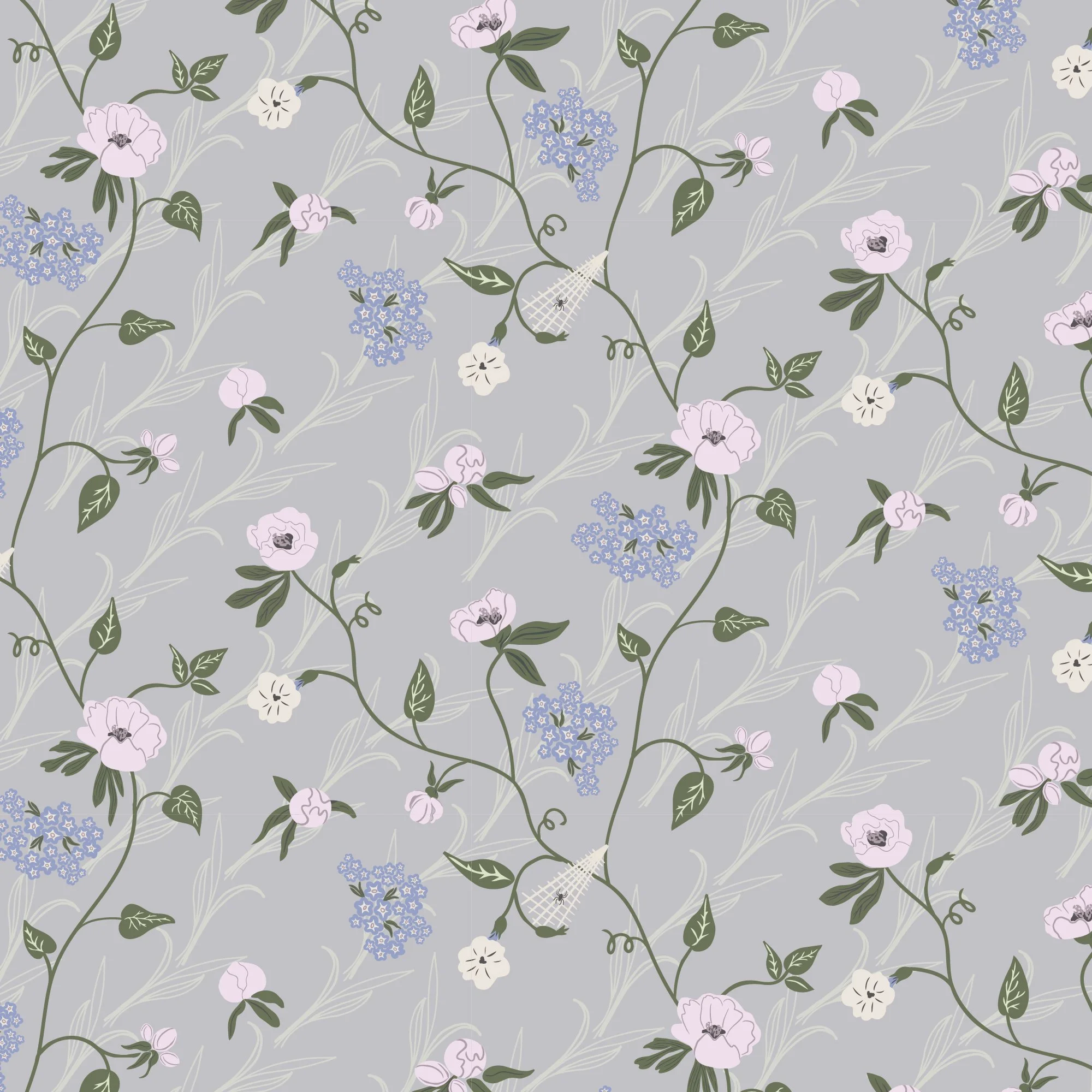 A seamless floral pattern on a grey background with pink, white, and blue flowers, green leaves, and trailing vines.