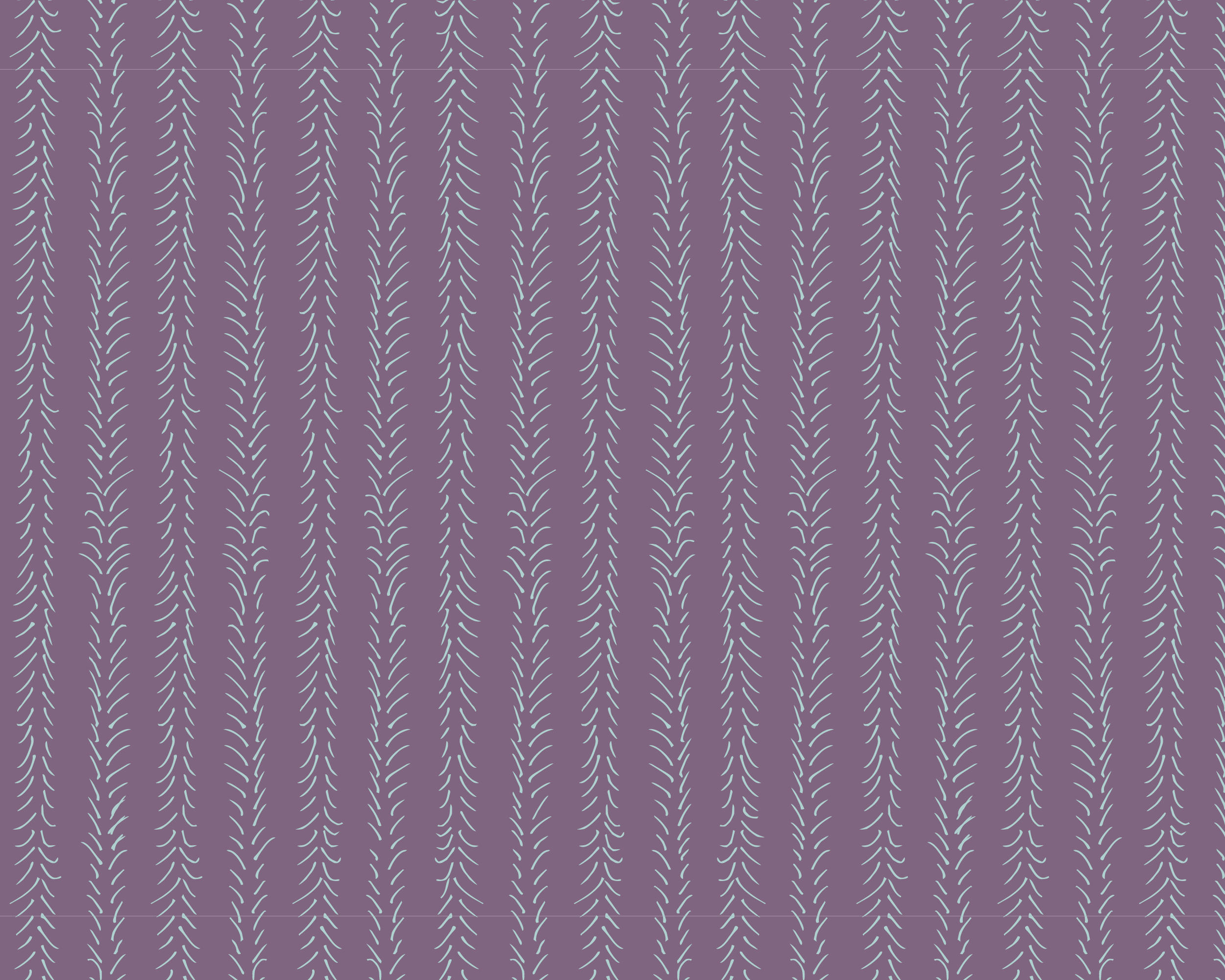 A purple background with a chevron striped pattern of small light teal hand drawn dashed lines arranged in vertical, balsam needle-like shapes.