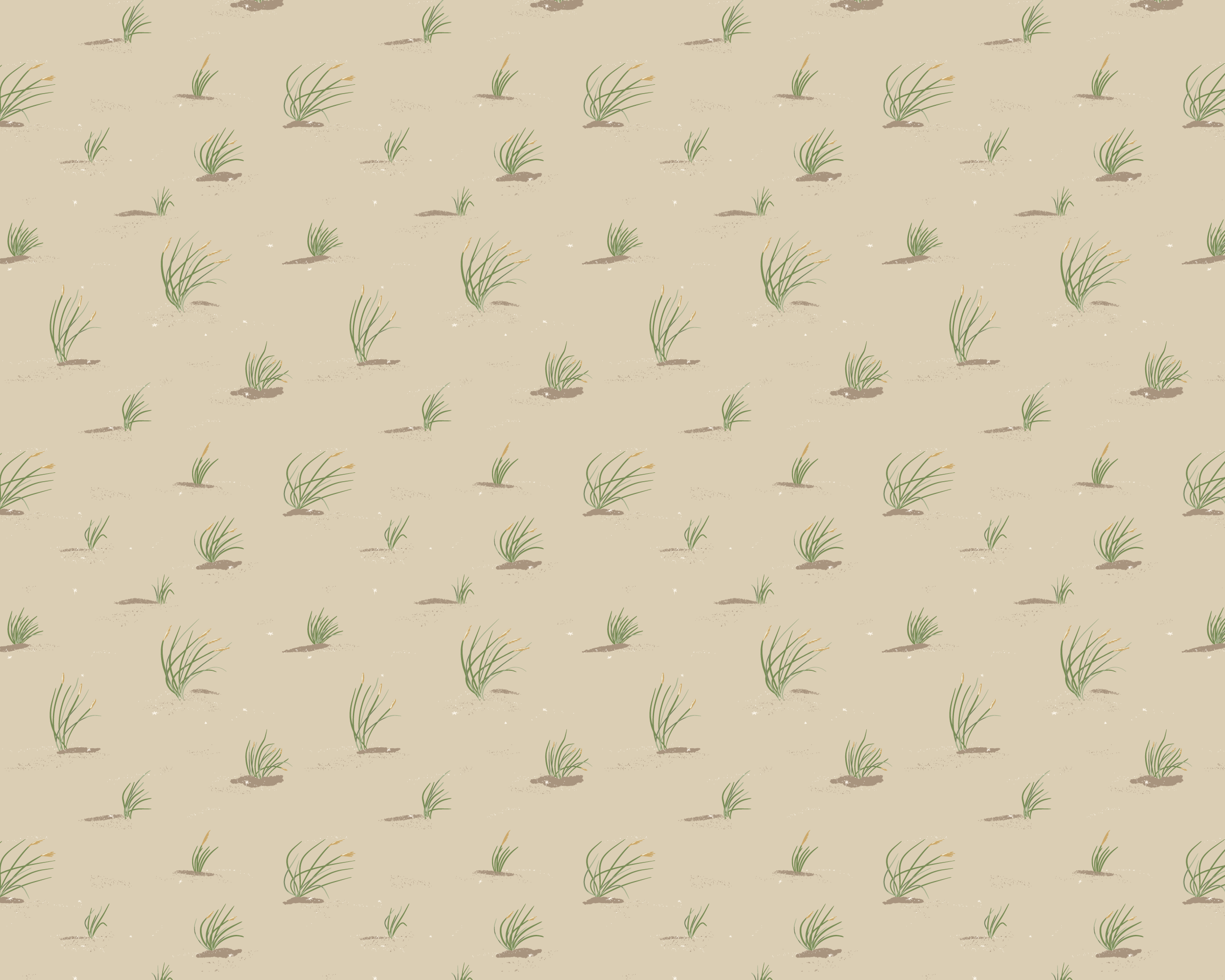A seamless repeat pattern of a sandy dune landscape with small patches of green grass sprouting from the ground, against a beige background.