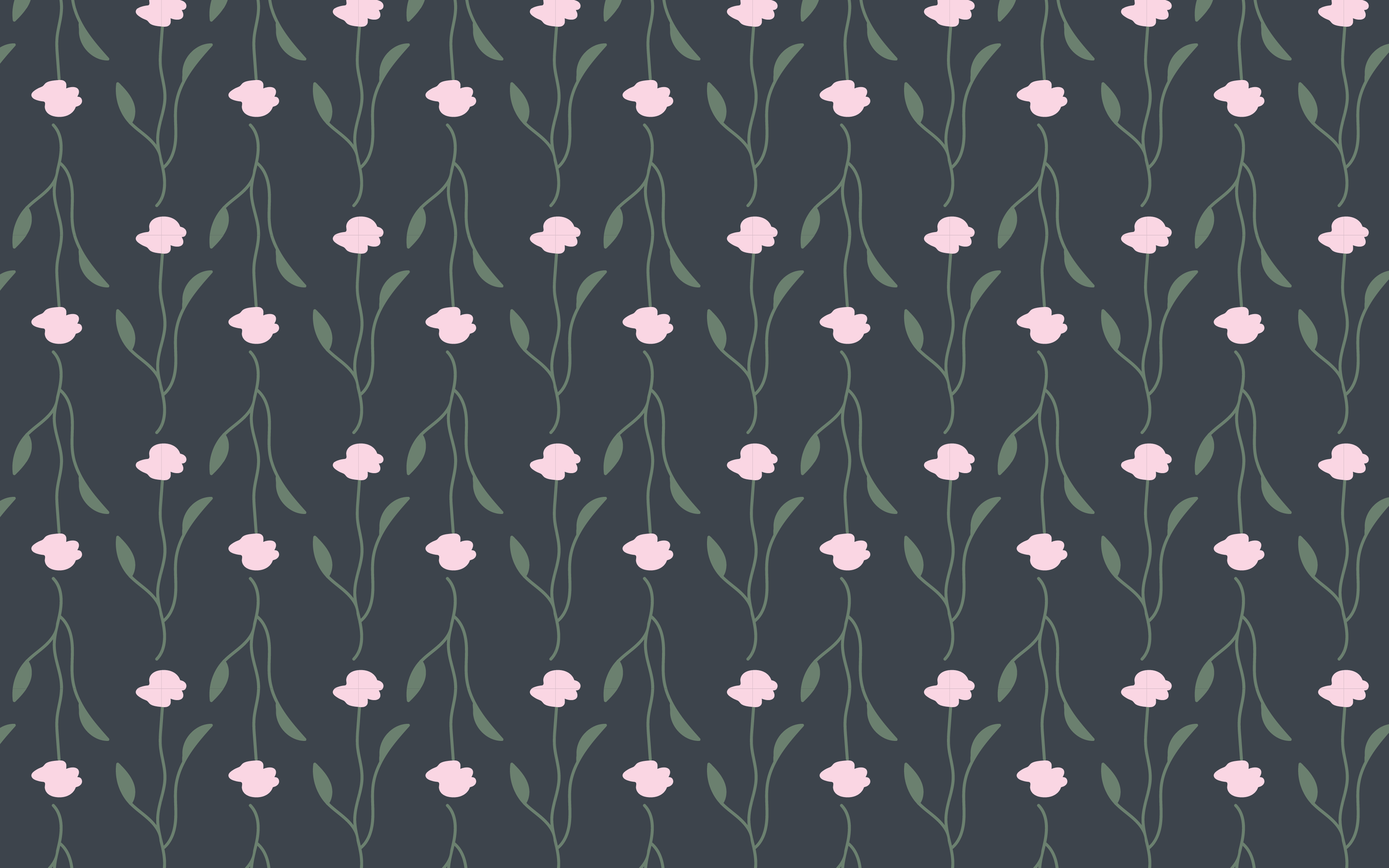 A two directional seamless pattern, floral stripe, with pink flowers and green stems and leaves on a neutral gray background.