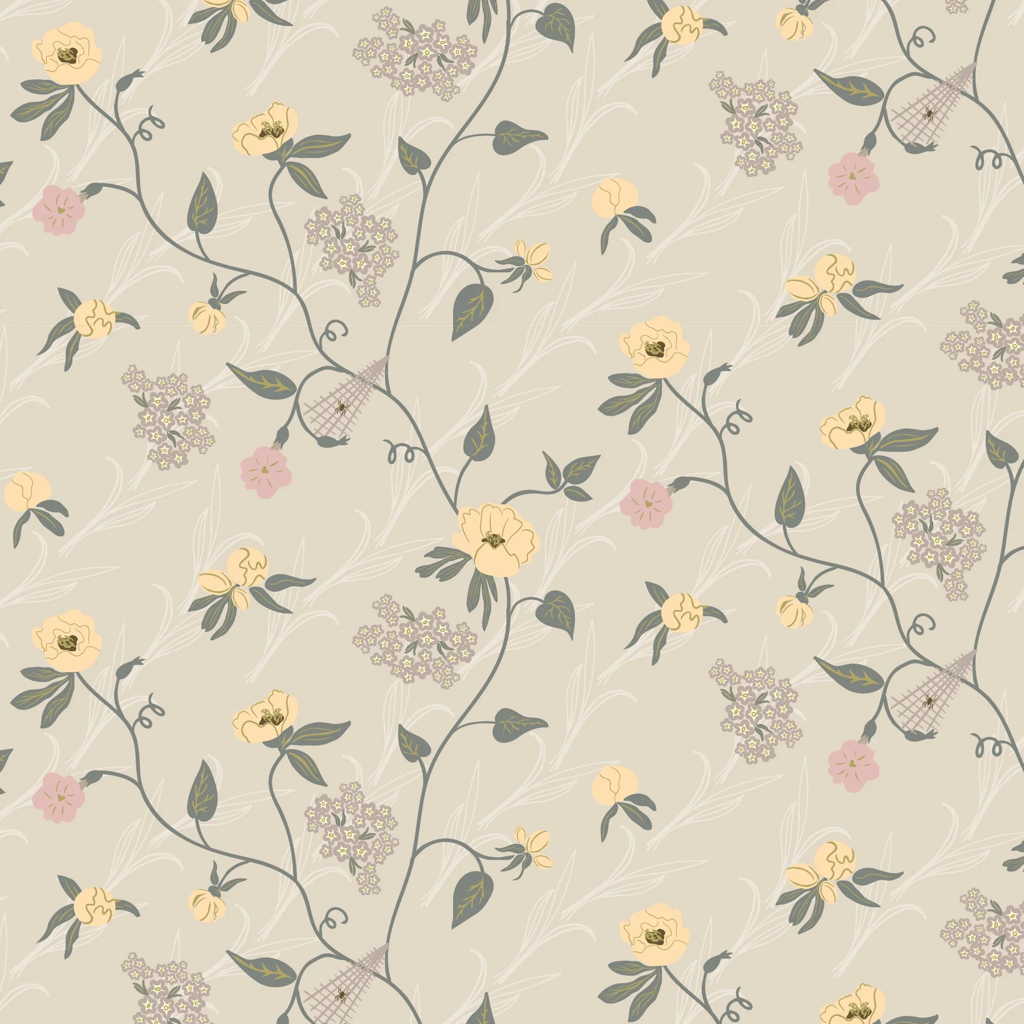 A floral pattern with beige, yellow, pink, and green intricate botanical designs, including flowers, leaves, and vines on a light beige background.