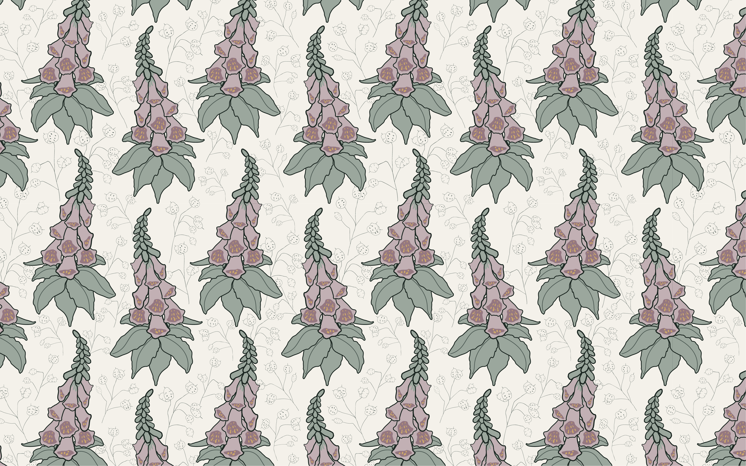 Seamless repeat pattern of foxgloves in vertical columns, with hand drawn lunaria, in sage green and mauve pink on a cream background. 