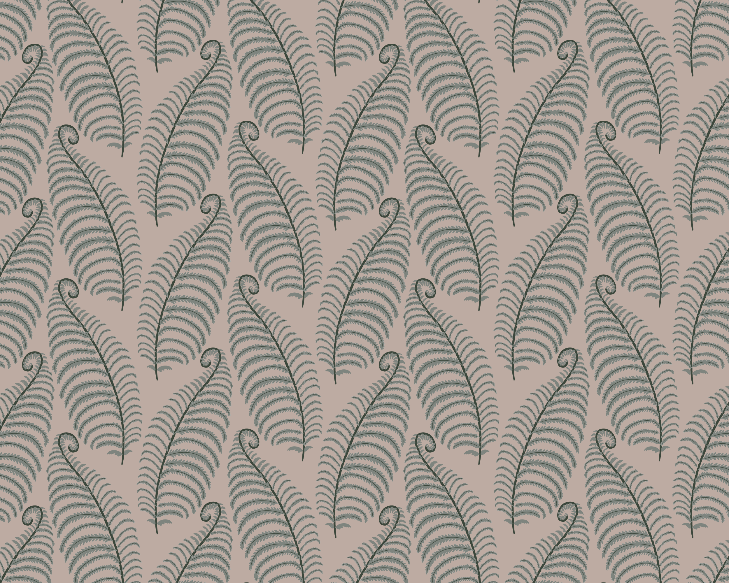 A seamless pattern of teal green fern leaves on a dark beige background.