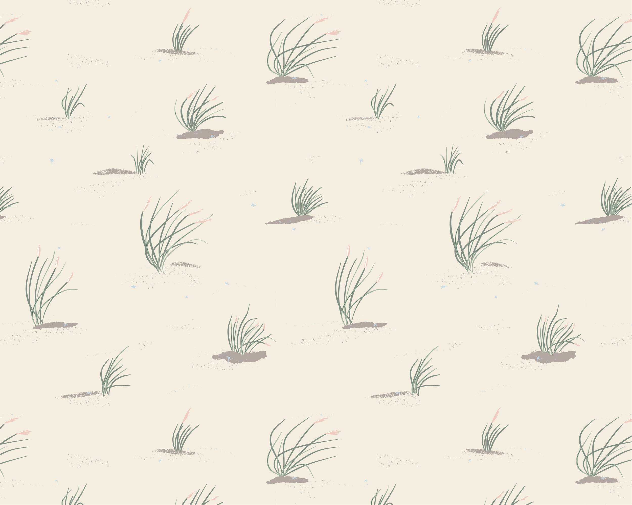 Pattern of green dune grass tufts with pink tips on light sun-drenched sand background, scattered with tiny blue and grays specks, representing sparkling sea glass.