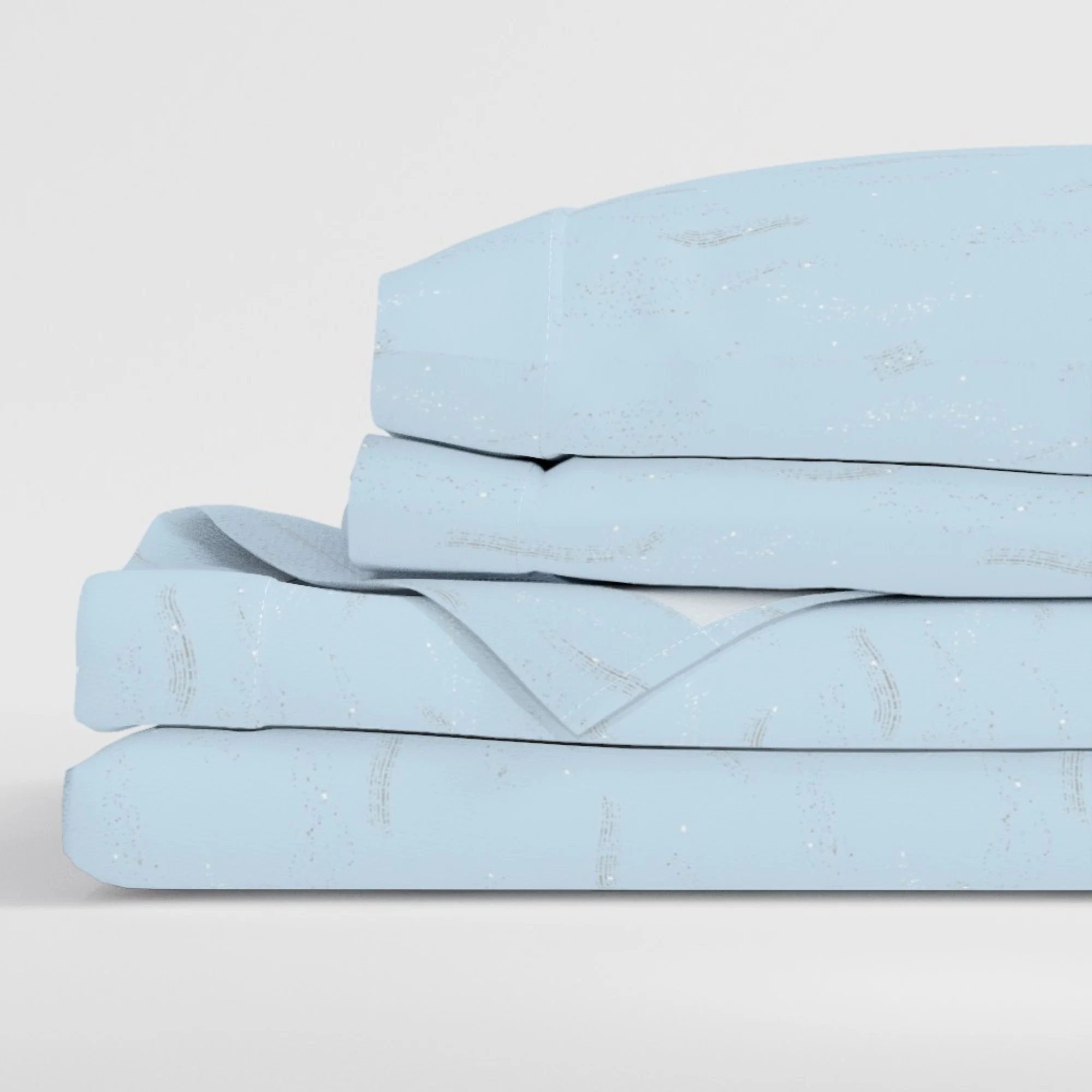 A stacked sheet set in pastel blue with a pattern of textural lines and tiny white stars. Sheets are set in a white background.