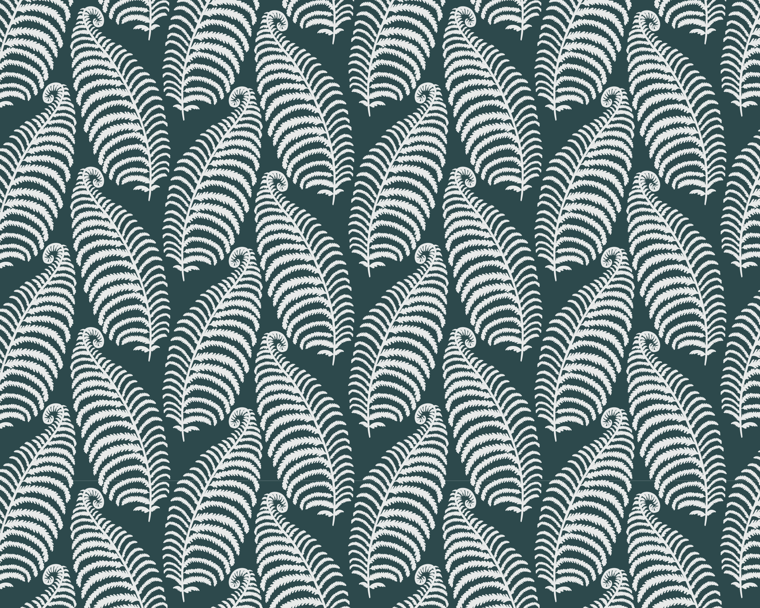 A pattern of ghostly light dove gray fern leaves on a dark teal background.