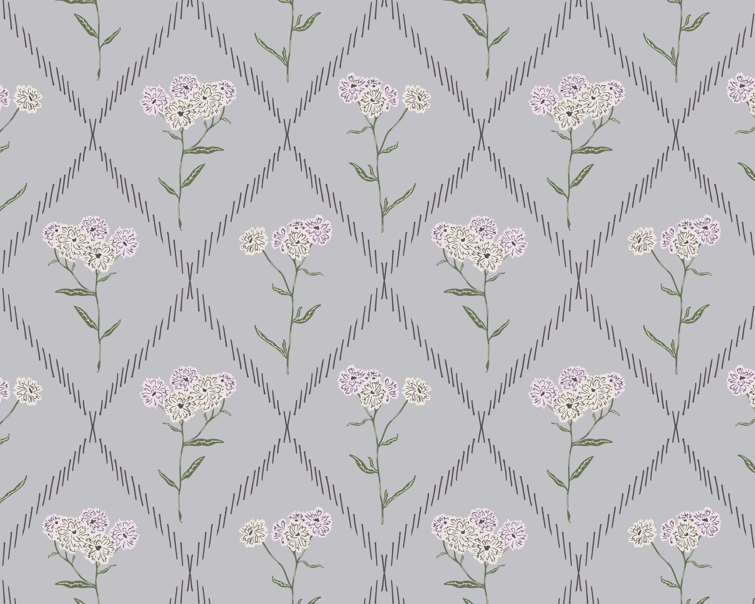 Pattern with light pink and white flowers with green leaves on a gray background, separated by black diamond lattice grid.