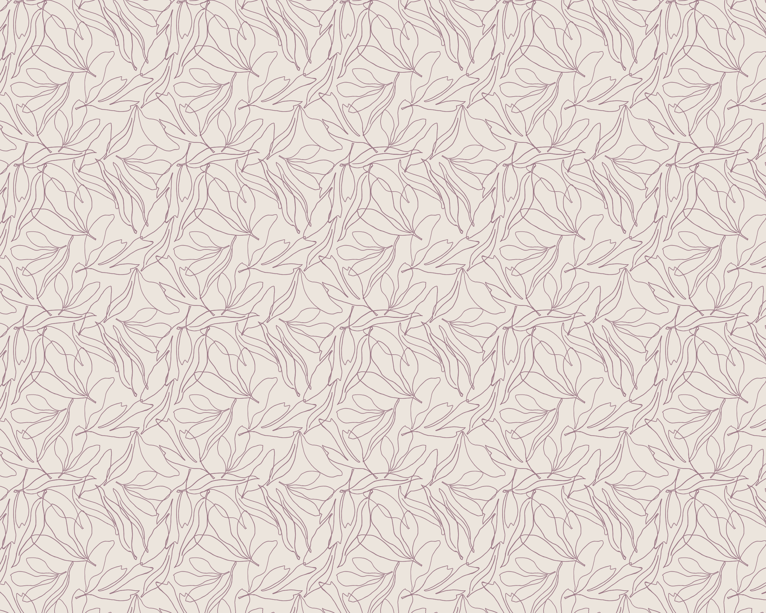 A patterned fabric with a design of thin, purple line drawings of leaves on a light cream background.