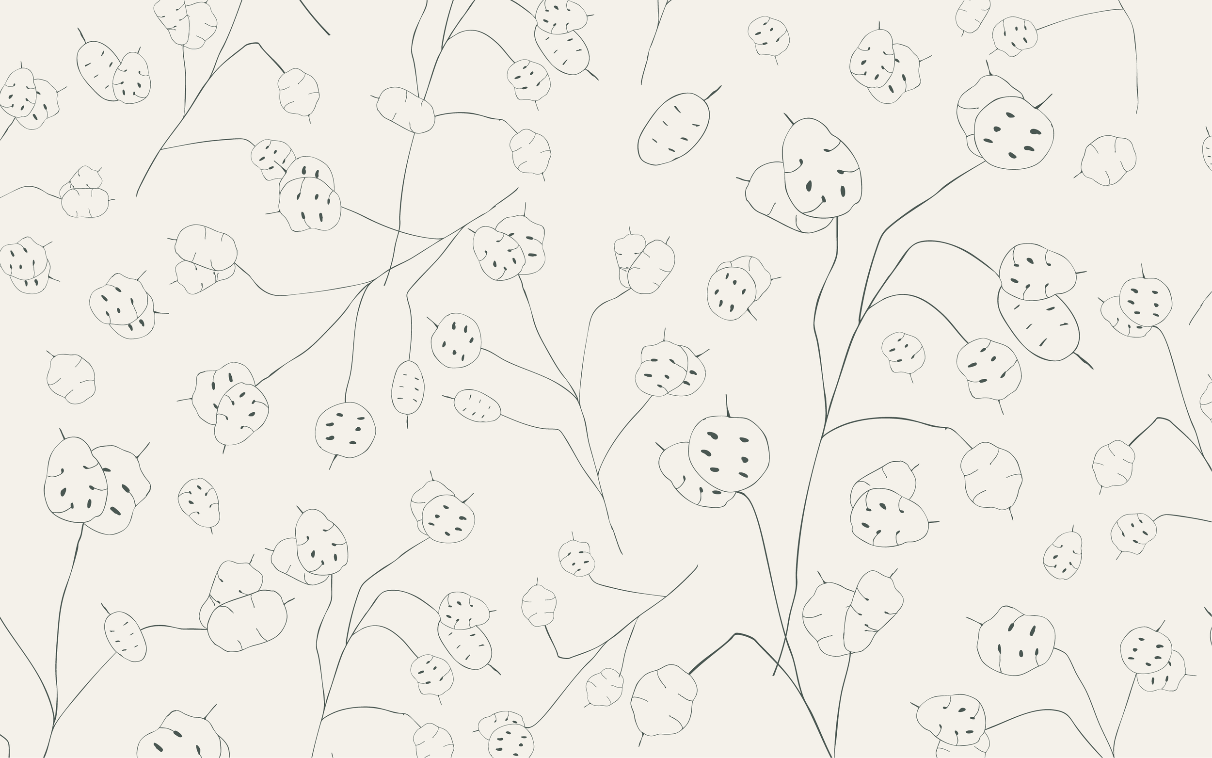 Hand drawn coordinate seamless pattern of Lunaria seed pods and stems on a cream background.