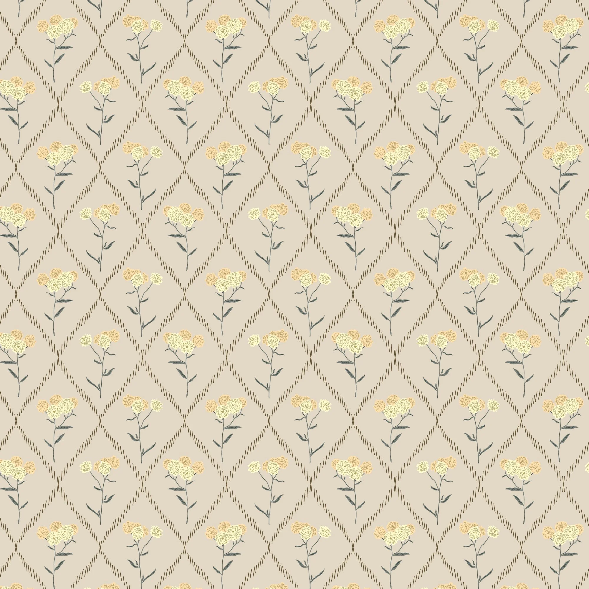 A repeating pattern of pastel yellow and cream floral bouquets with dark green leaves on a beige background, arranged within diamond-shaped lattice lines.