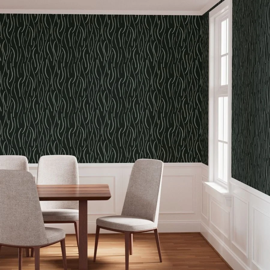 Dining room with a wooden table and beige upholstered chairs, dark green, abstract wavy lines, patterned wallpaper, and a large window with white trim.