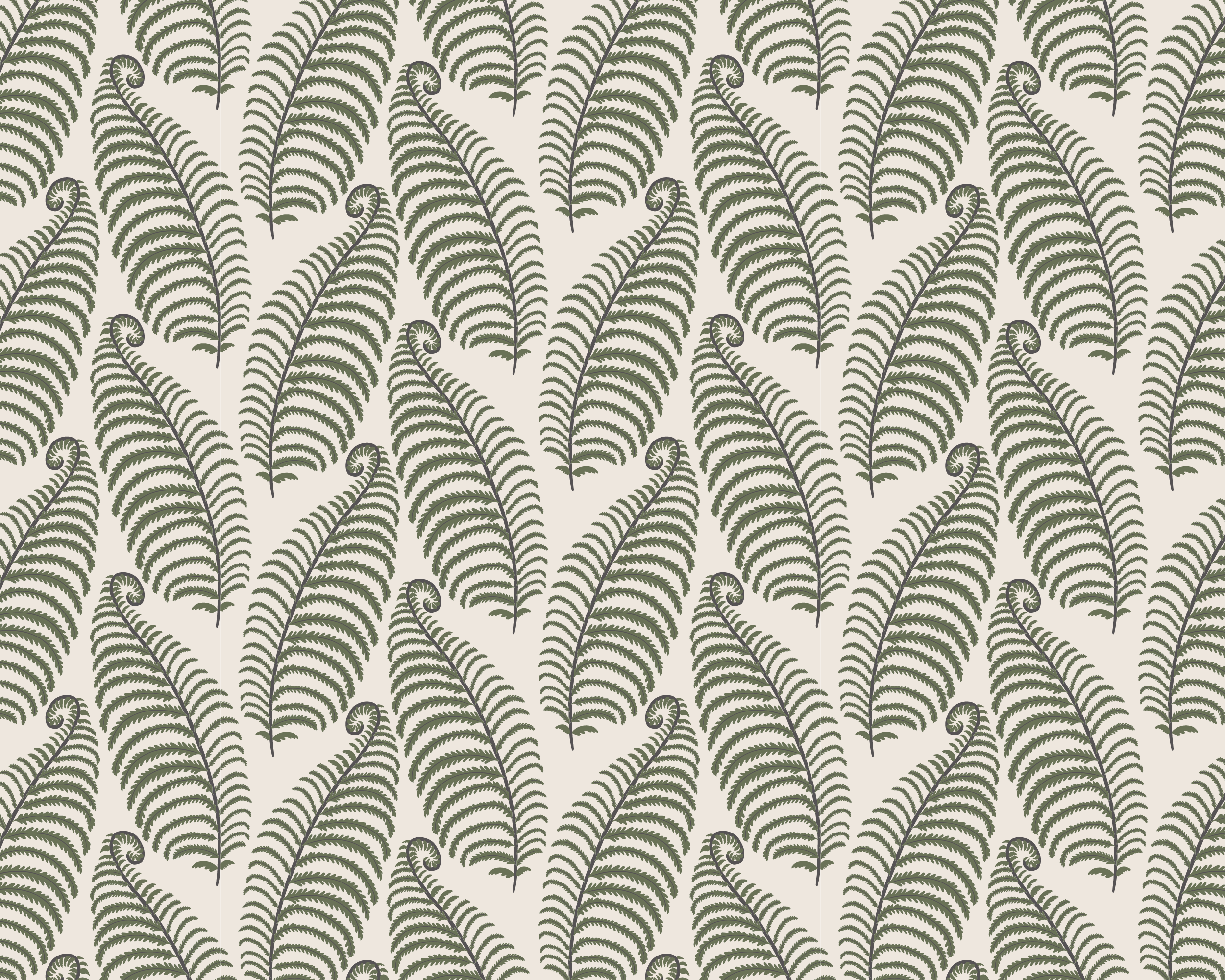 Pattern of green fern leaves with curled tips on a light cream beige background.