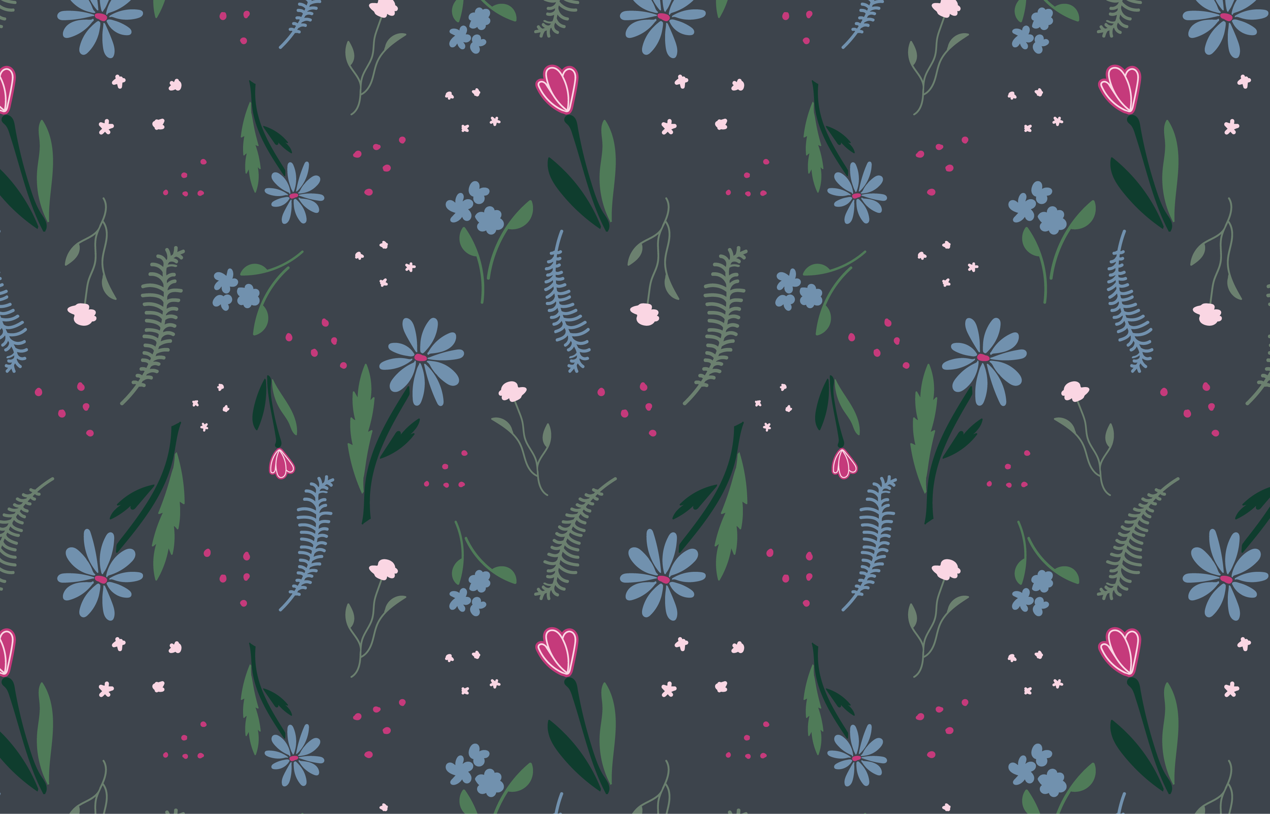 Seamless repeat pattern in maximalist style, with large, hand drawn flowers in shades of pink and dusty blue, on a dark gray background.
