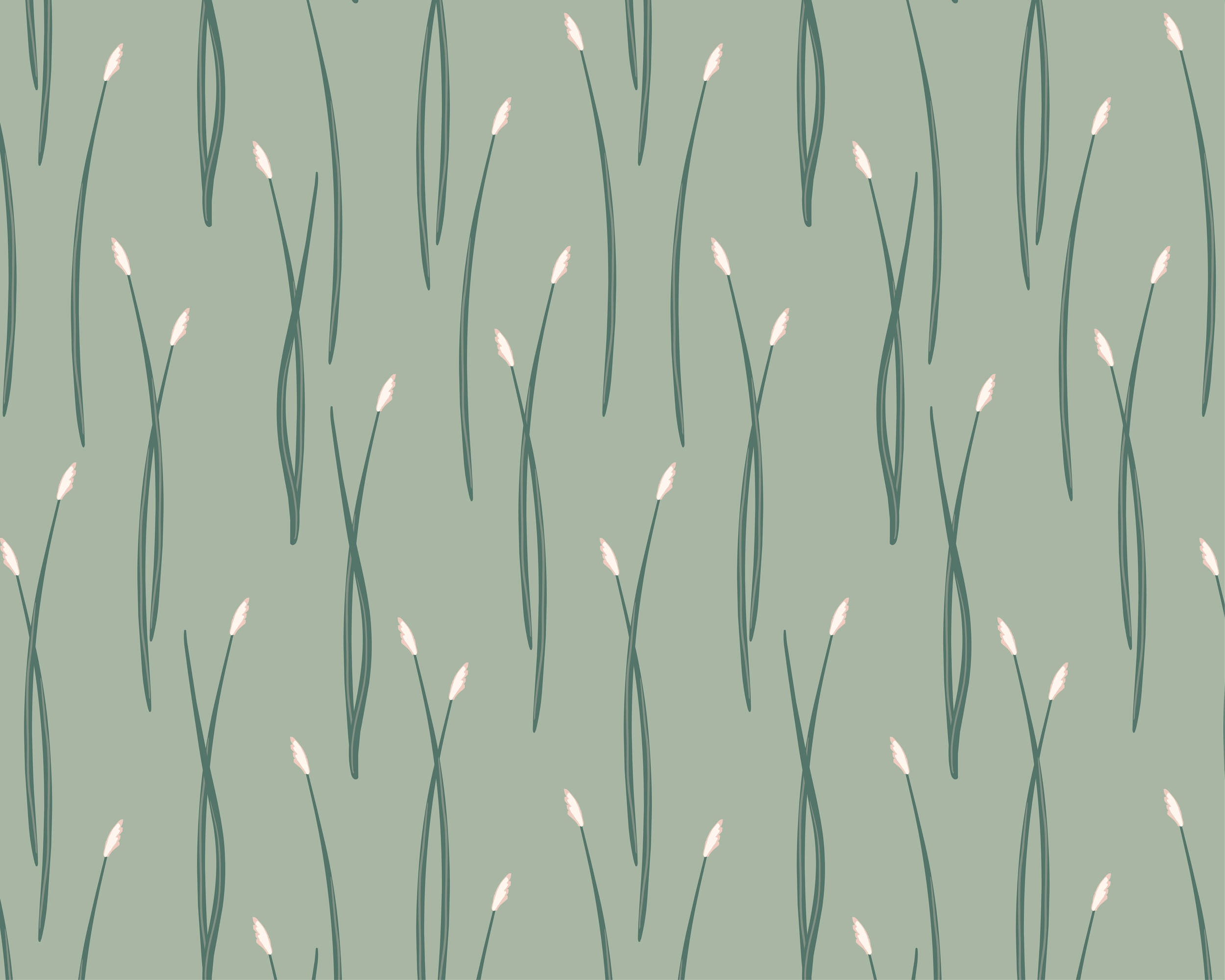Repeating pattern of pale pink flowers with tall green grass reed stems on a muted green background.