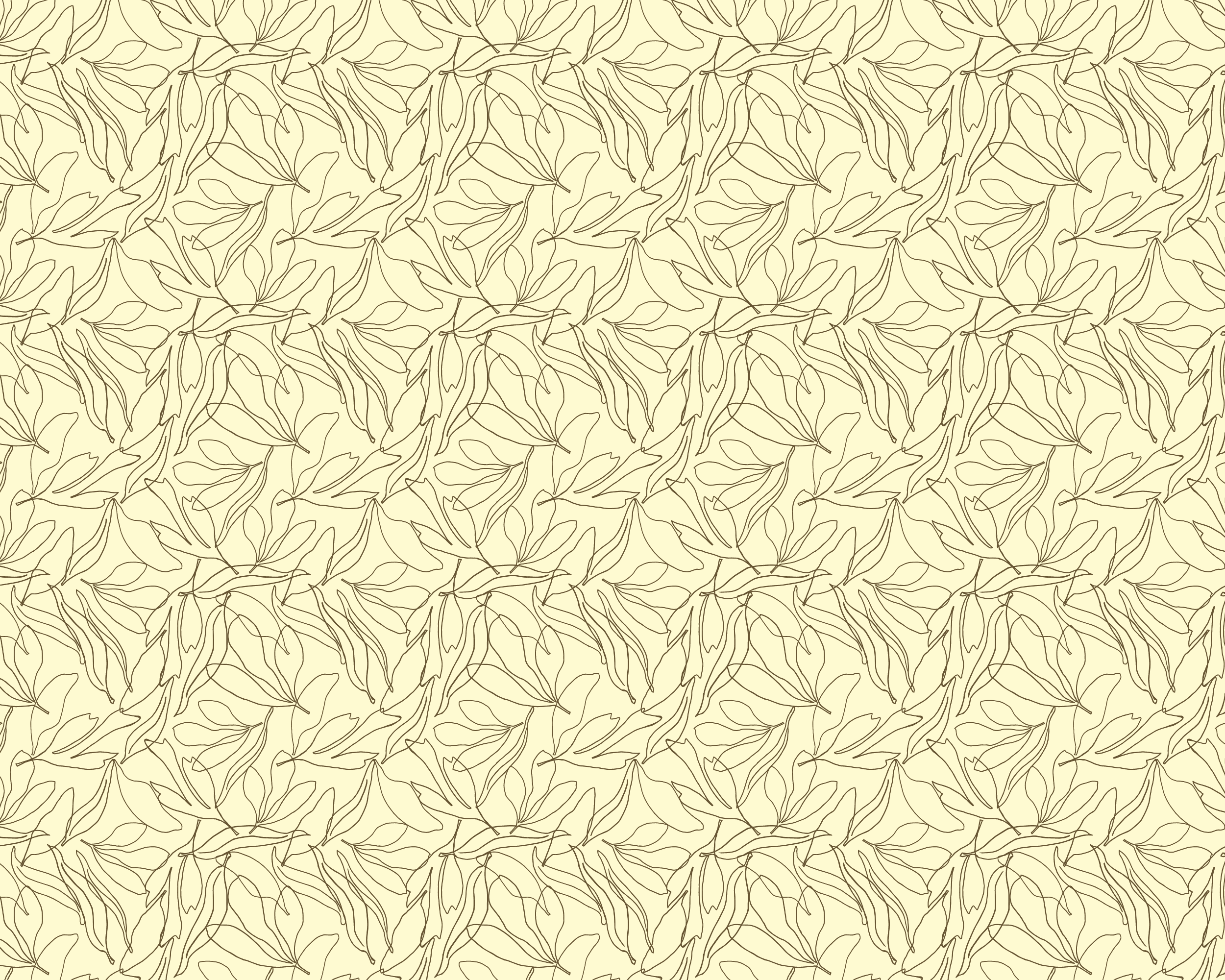 A pattern of outlined esspresso brown leaves on a light butter yellow background.