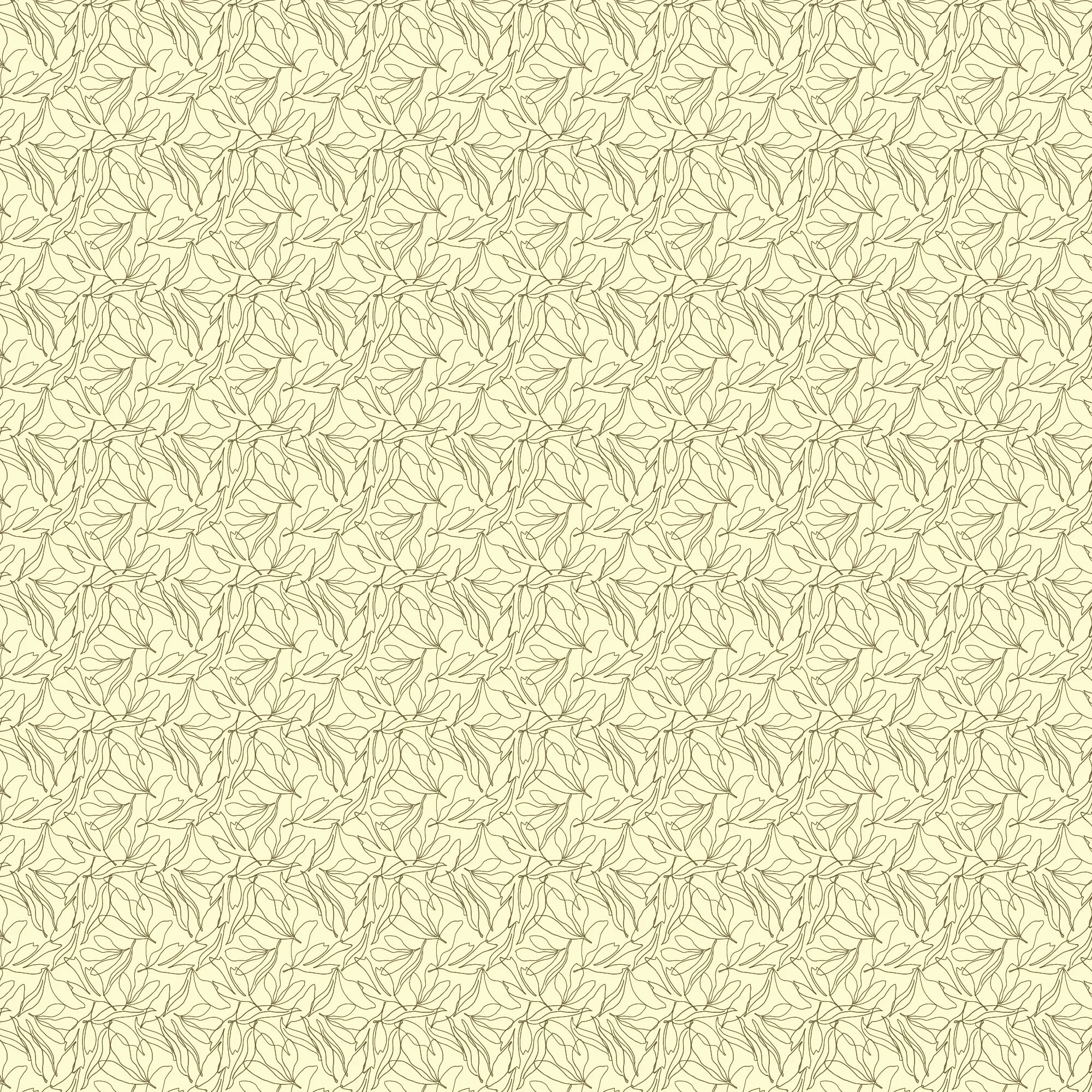 Close-up of a butter yellow fabric with a detailed pattern of cocoa brown outlined leaves.