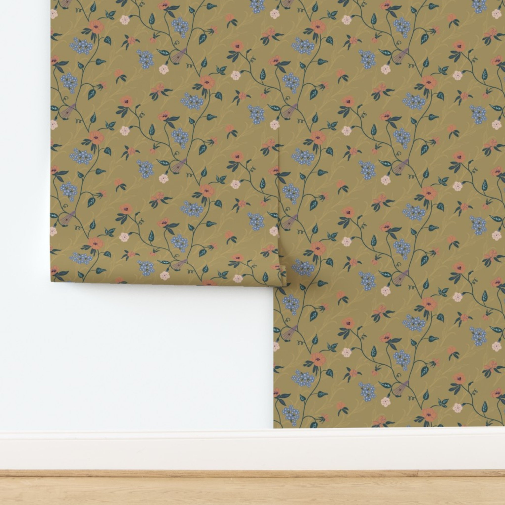 A wall with floral patterned wallpaper.