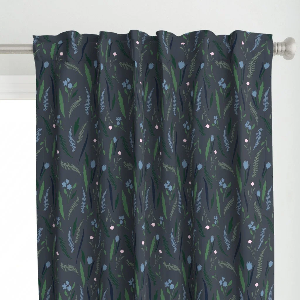 Dary gray curtain on a rod, with dusty blue flowers and sage green fern leaves, from the deep bloom collection.