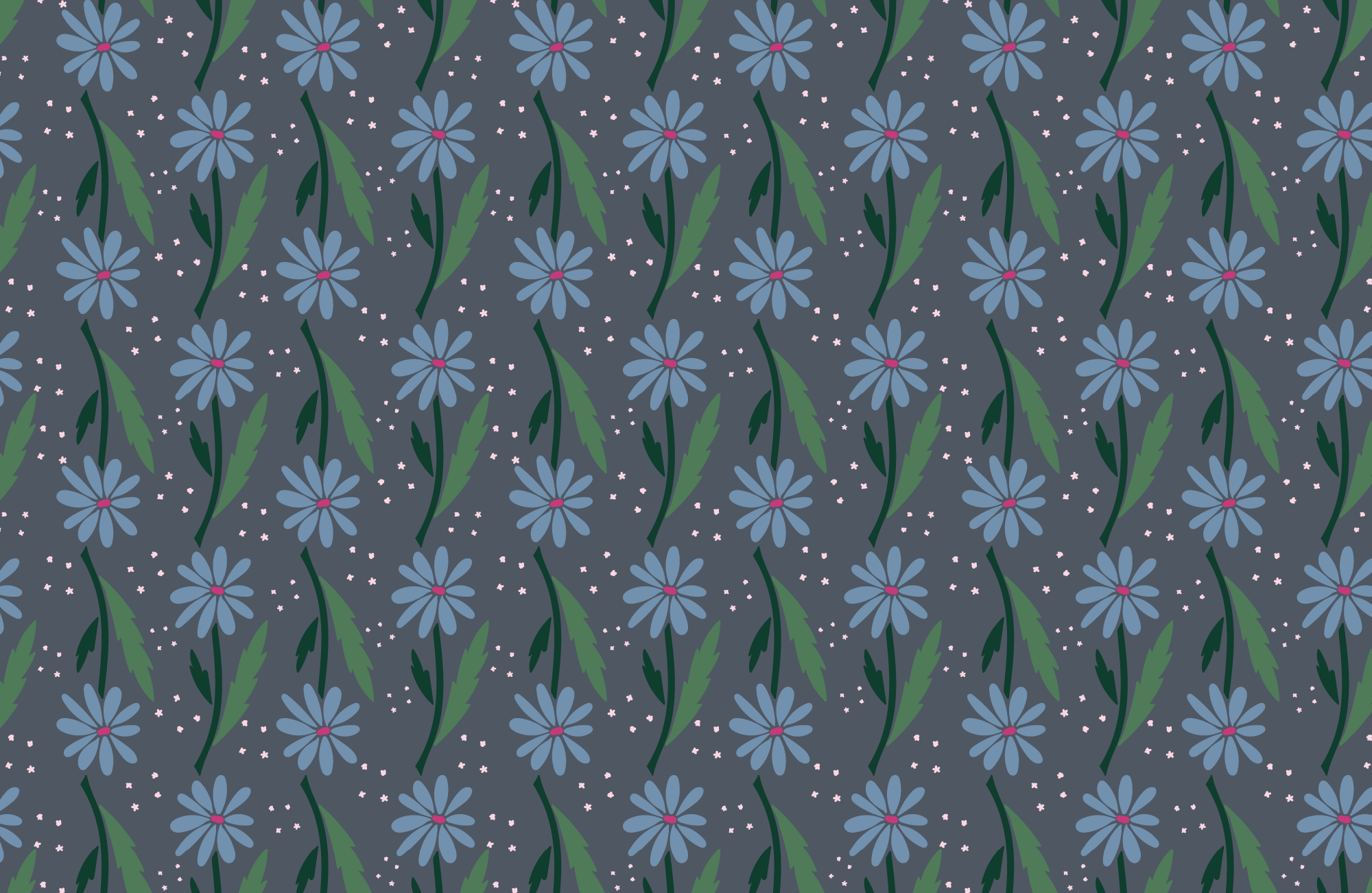 Seamless repeat pattern of blue hand drawn daisies with green leaves on a charcoal gray background.