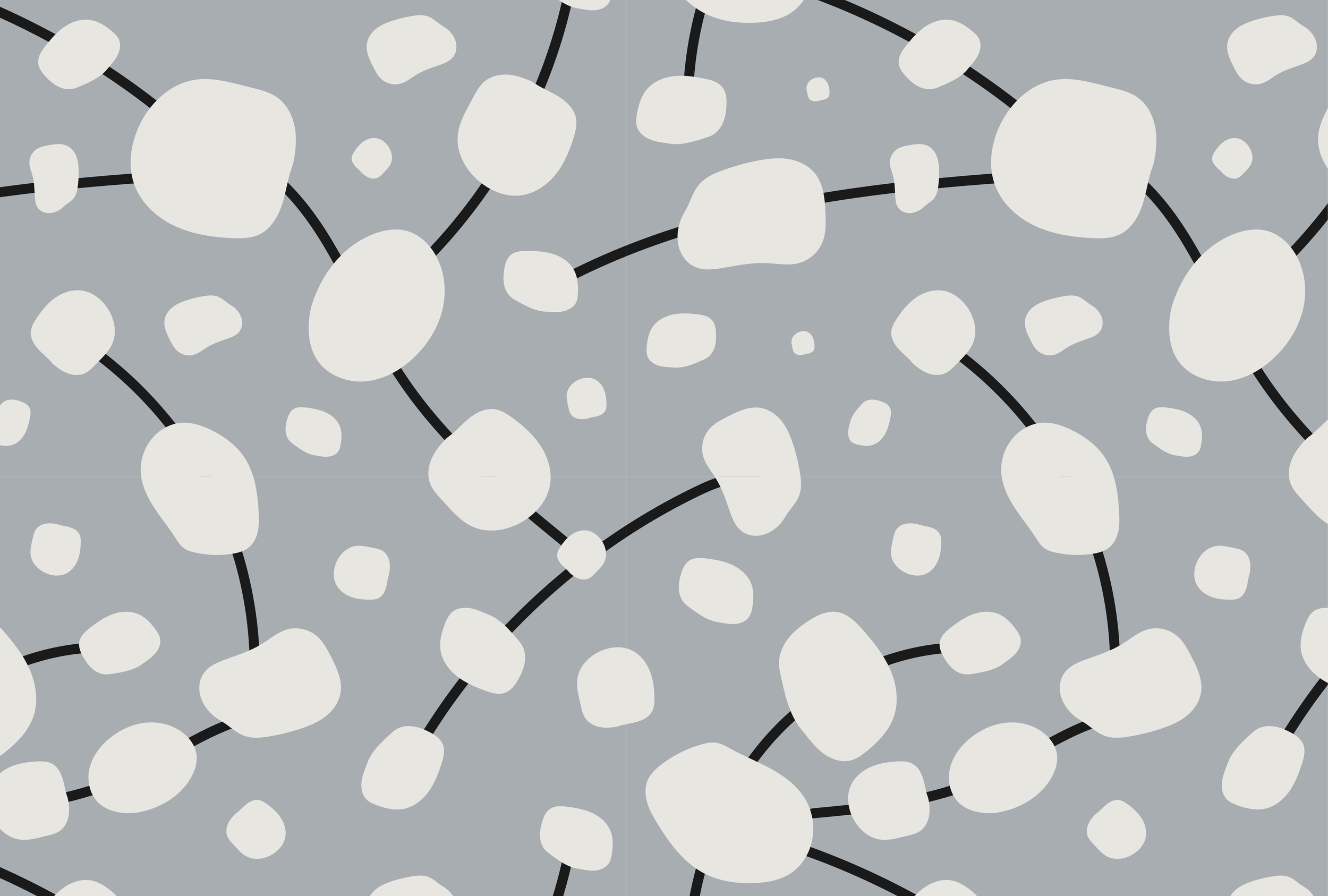 Large-scale seamless repeating design, with cream organic stone shapes with charcoal connecting lines on a slate gray ground.