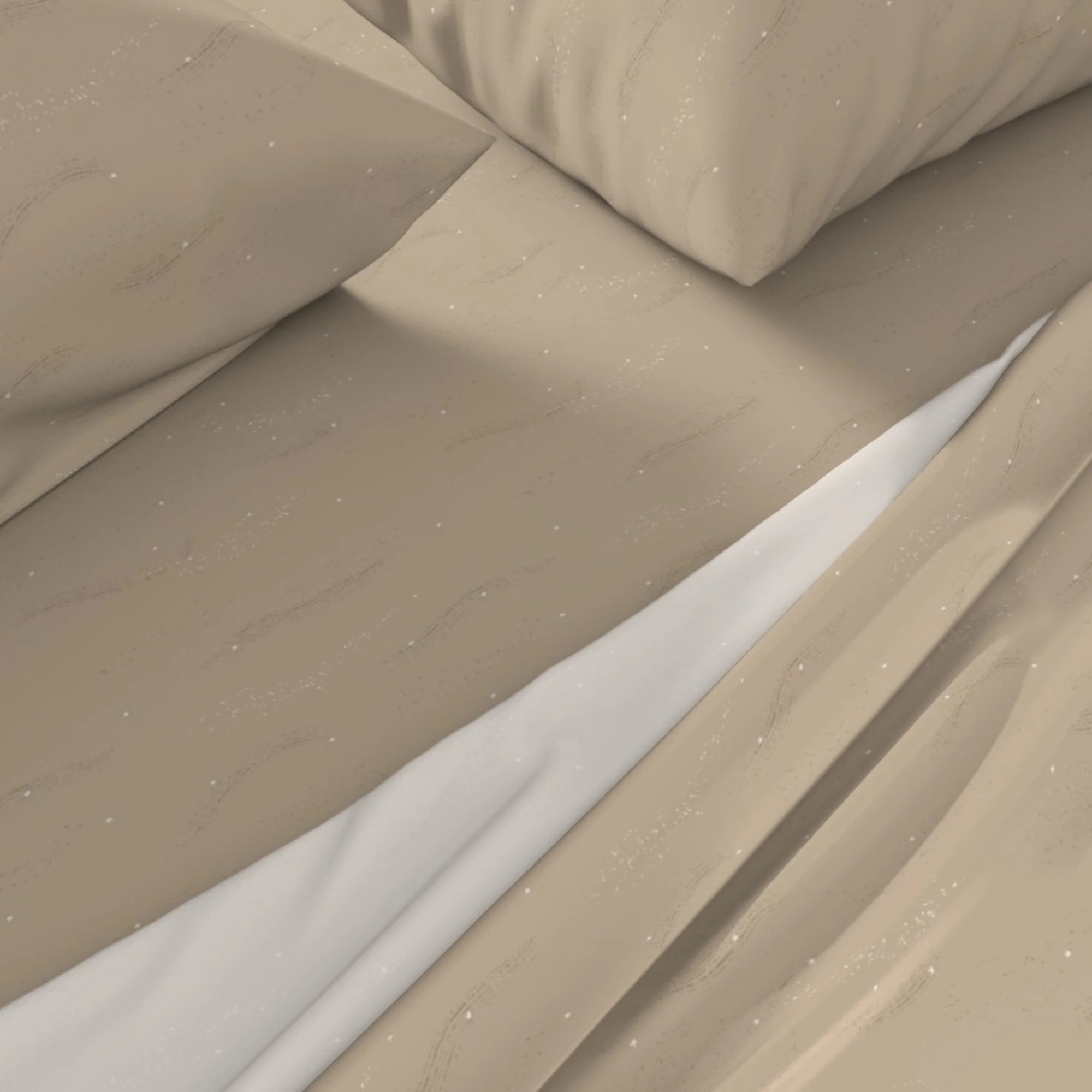Close-up of a deep sandy beige sheet set and pillowcases, with textural lines and tiny white stars.